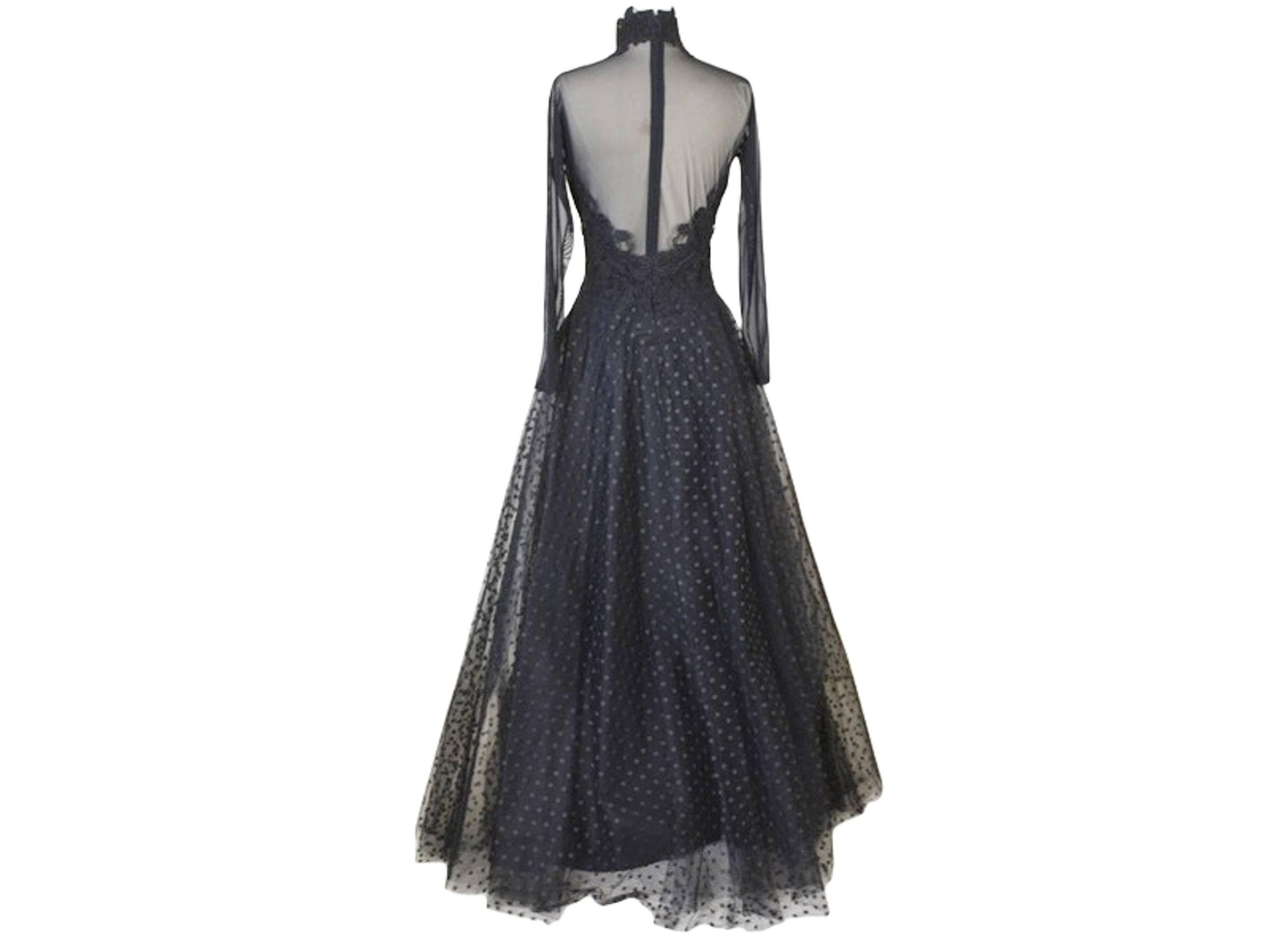 Women's Lillie Rubin Sheer Black Polka Dot and Lace Soft Tulle Gothic Evening Gown SM For Sale