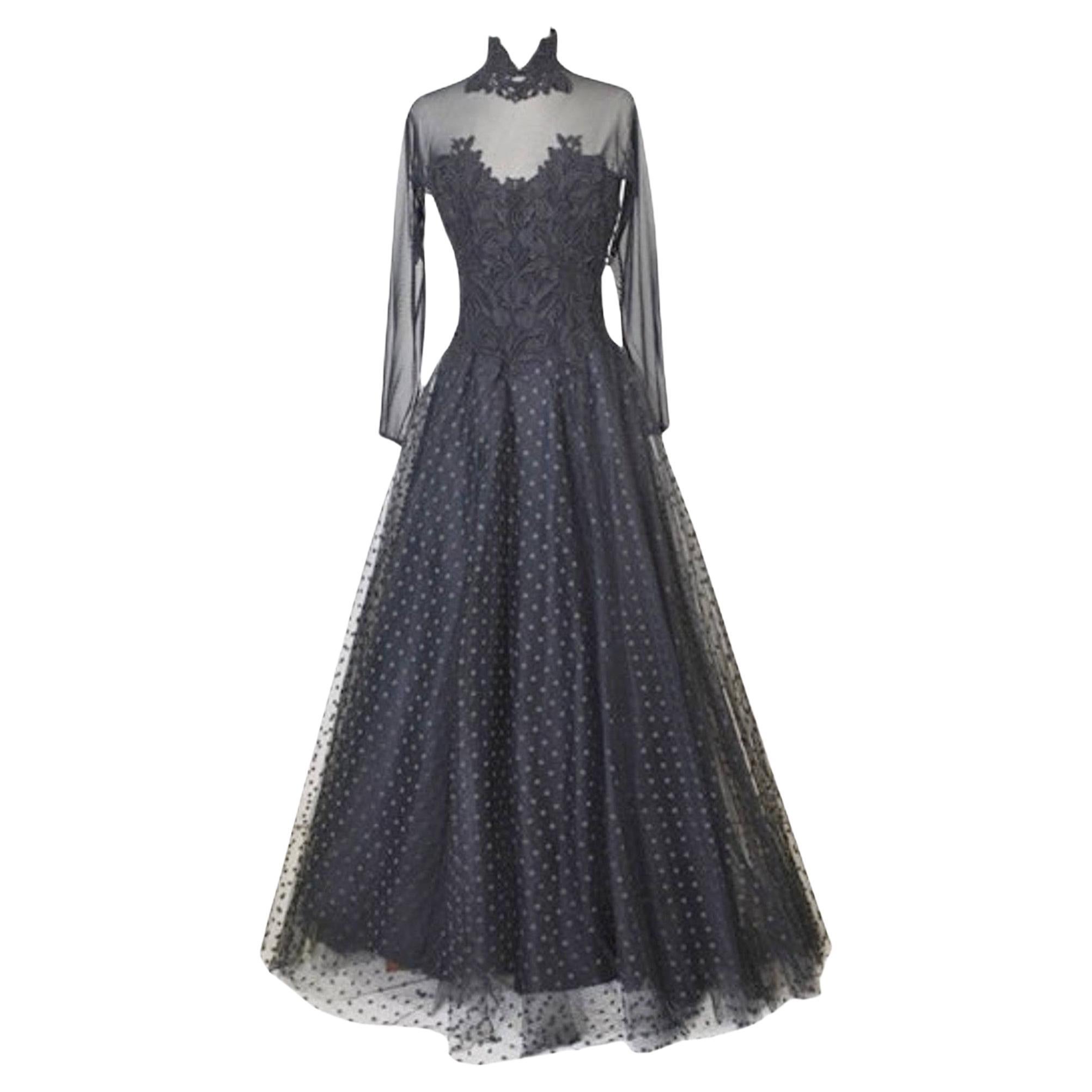 Lillie Rubin Sheer Black Polka Dot and Lace Soft Tulle Gothic Evening Gown SM For Sale