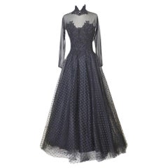 Lillie Rubin Sheer Black Polka Dot and Lace Soft Tulle Gothic Evening Gown SM