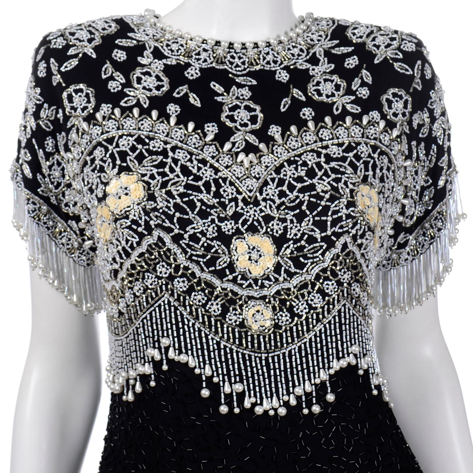 Lillie Rubin Vintage Black Evening Dress with Cream & White Beads and Pearls In Excellent Condition In Portland, OR