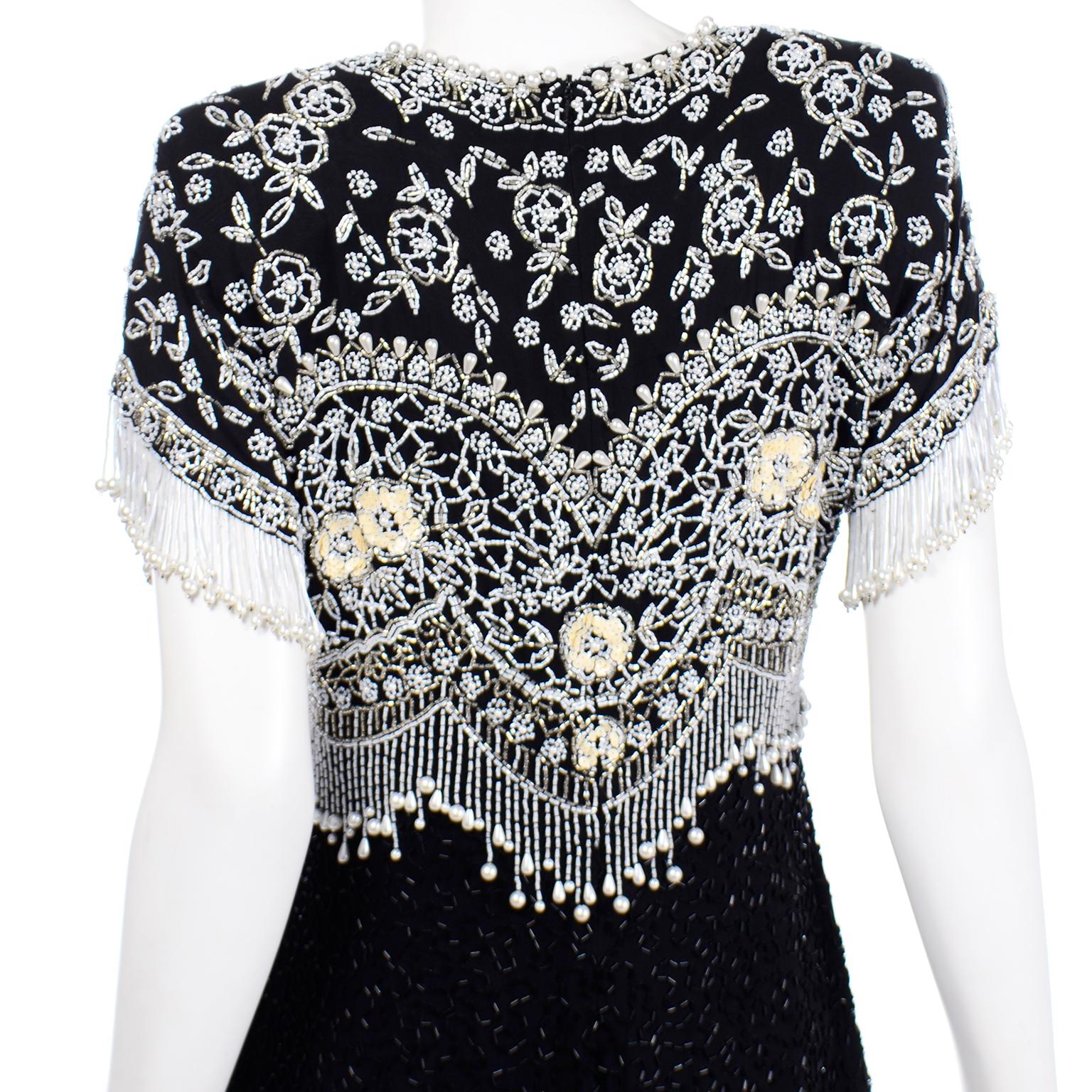 Women's Lillie Rubin Vintage Black Evening Dress with Cream & White Beads and Pearls