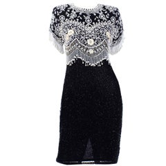 Lillie Rubin Vintage Black Evening Dress with Cream & White Beads and Pearls