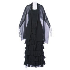 Lillie Rubin Vintage Black Tiered Silk Chiffon Strapless Evening Gown