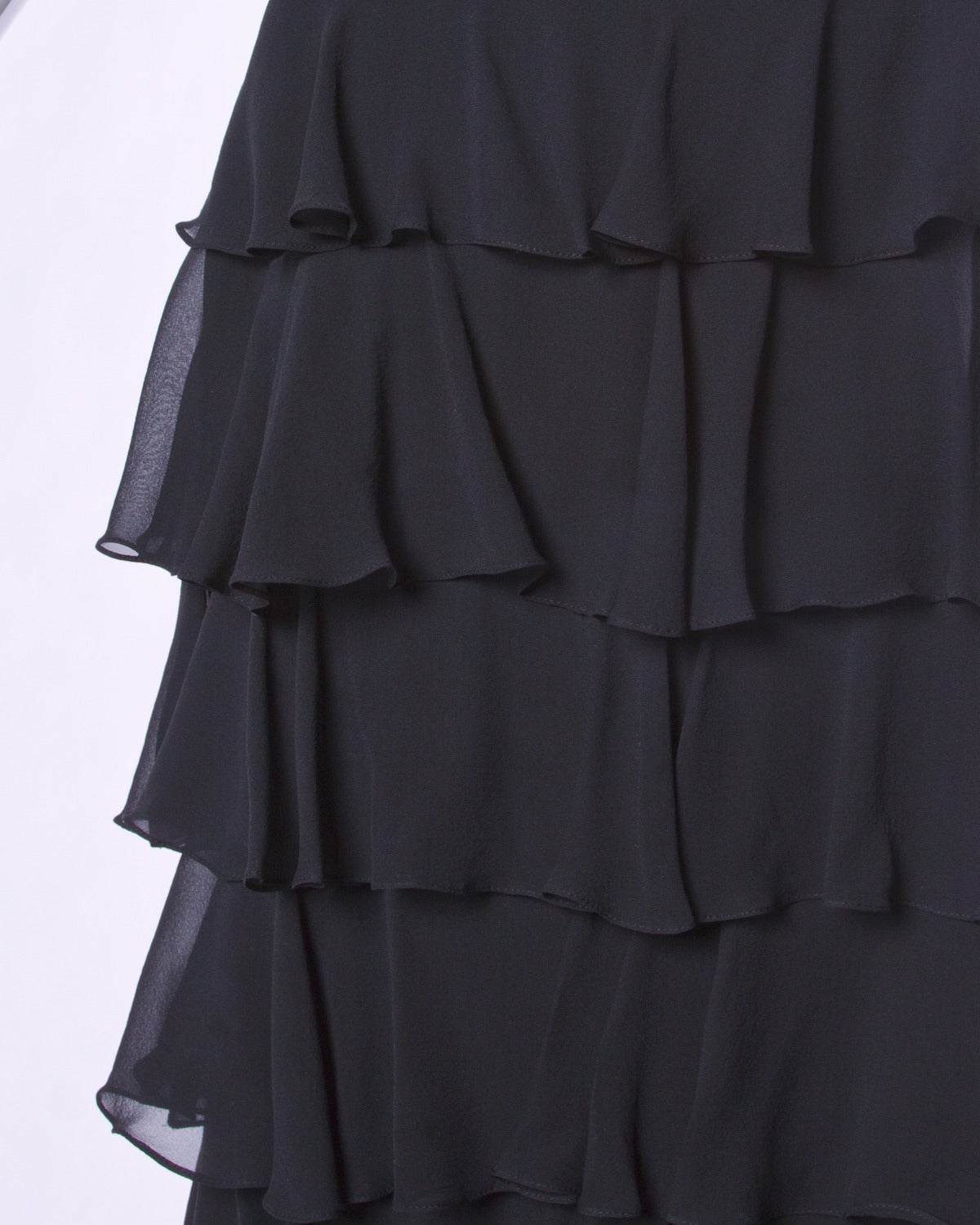 Lillie Rubin Vintage Black Tiered Silk Chiffon Strapless Evening Gown For Sale 1