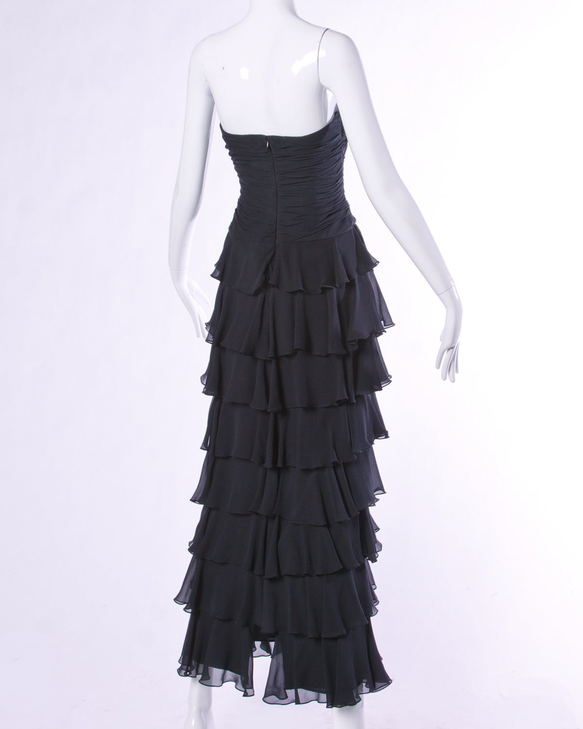 Lillie Rubin Vintage Black Tiered Silk Chiffon Strapless Evening Gown For Sale 2