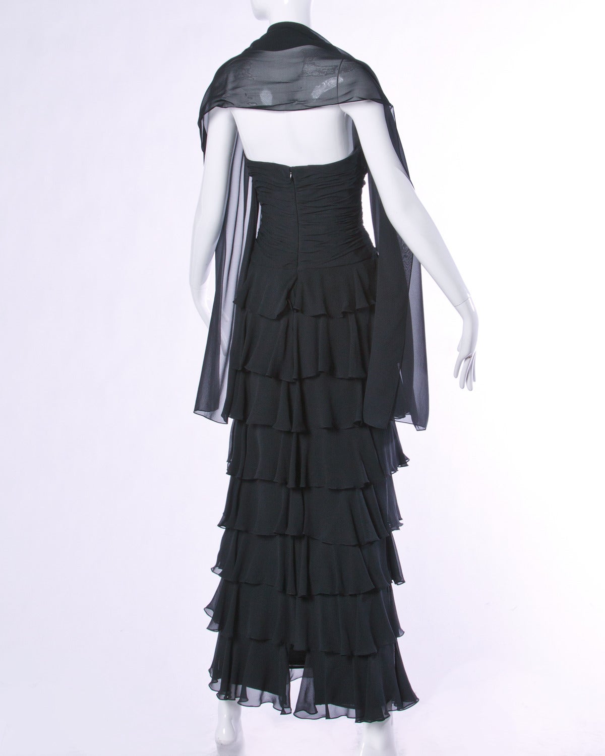 Lillie Rubin Vintage Black Tiered Silk Chiffon Strapless Evening Gown For Sale 3