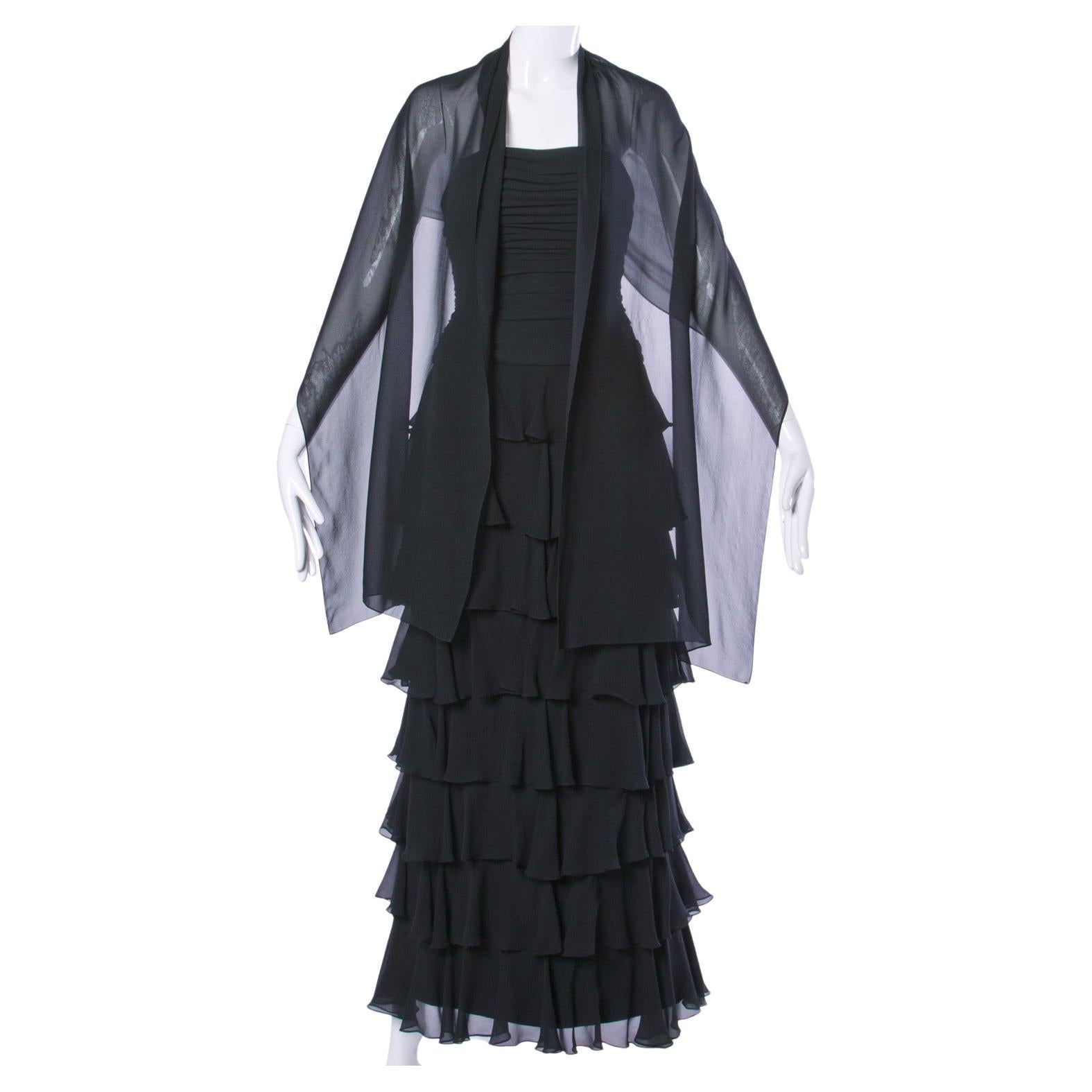 Lillie Rubin - Robe de soirée vintage sans bretelles en mousseline de soie noire à volants en vente