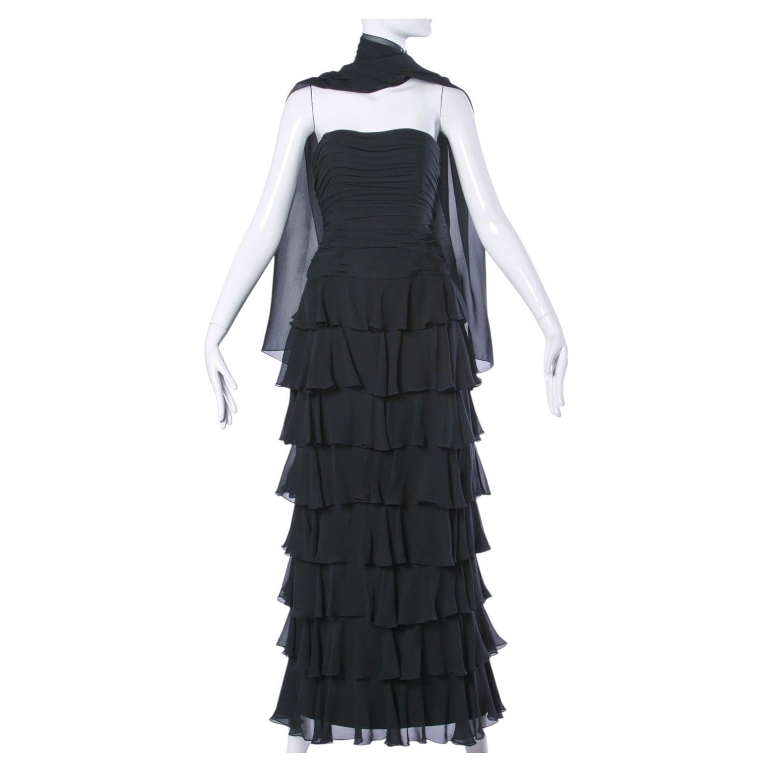 Lillie Rubin Vintage Black Tiered Silk Chiffon Strapless Evening Gown