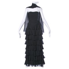 Lillie Rubin Vintage Black Tiered Silk Chiffon Strapless Evening Gown