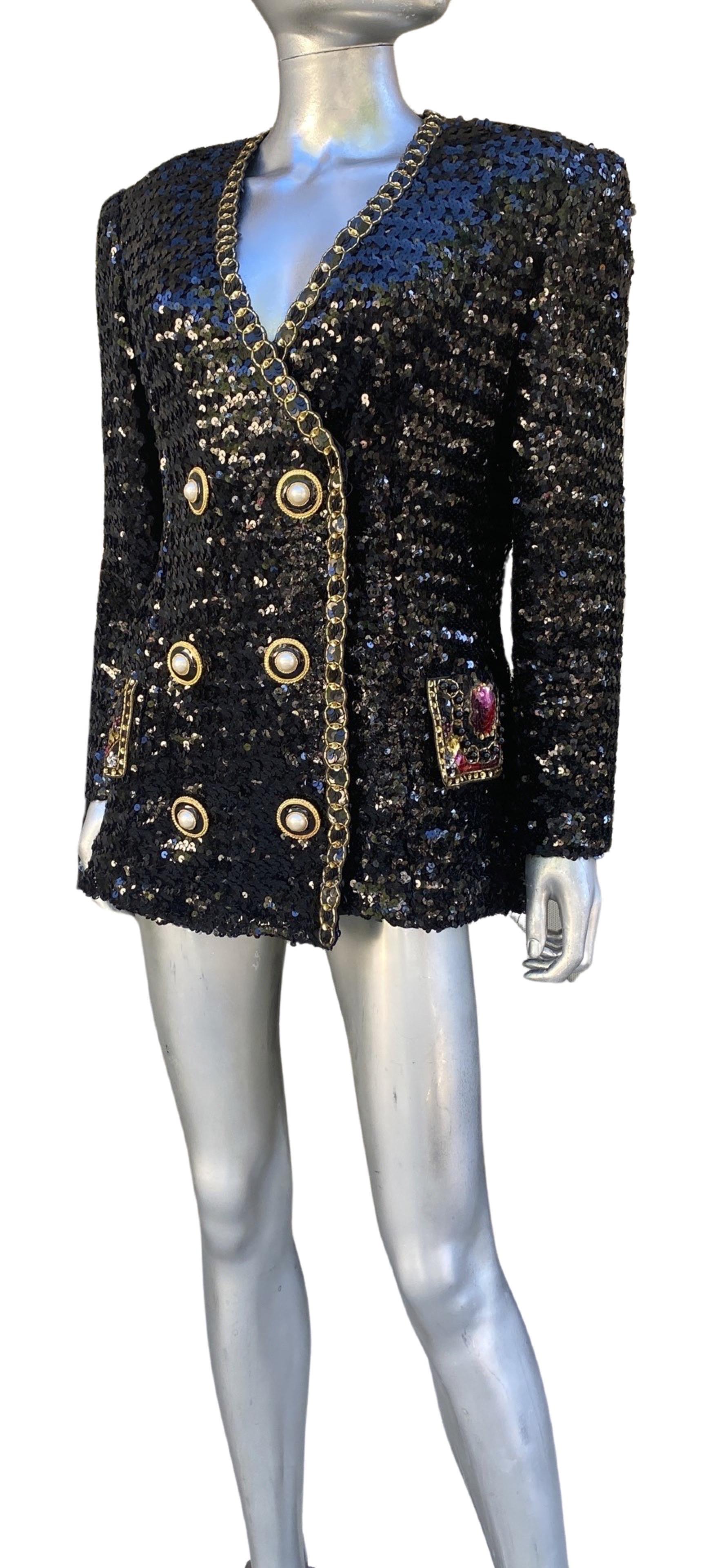 Women's or Men's Lillie Rubin Vintage Sequin Jacket with Spectacular Trim/Buttons Size 12-14 For Sale