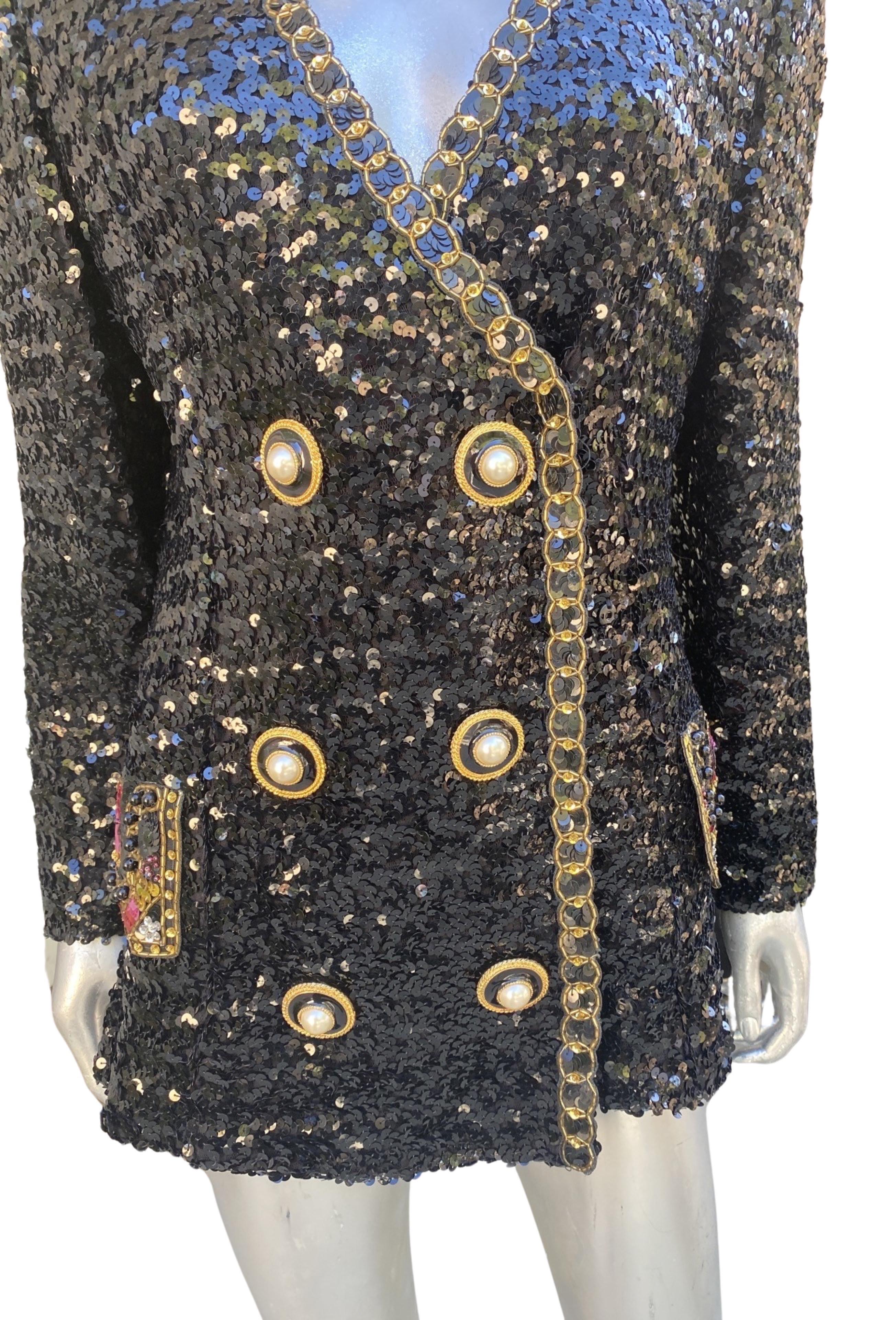 da uomo o donna Lillie Rubin - Giacca di paillettes vintage con finiture e bottoni spettacolari - taglia 12-14 in vendita