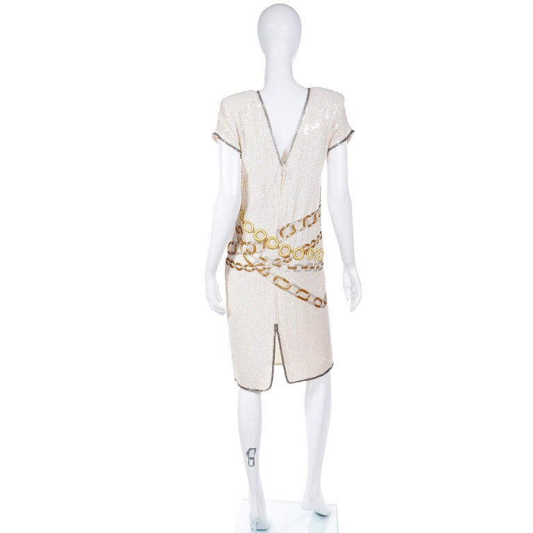 Women's Lillie Rubin Vintage Sequin Silk Dress W Faux Gold Copper & Silver Chain Detail For Sale