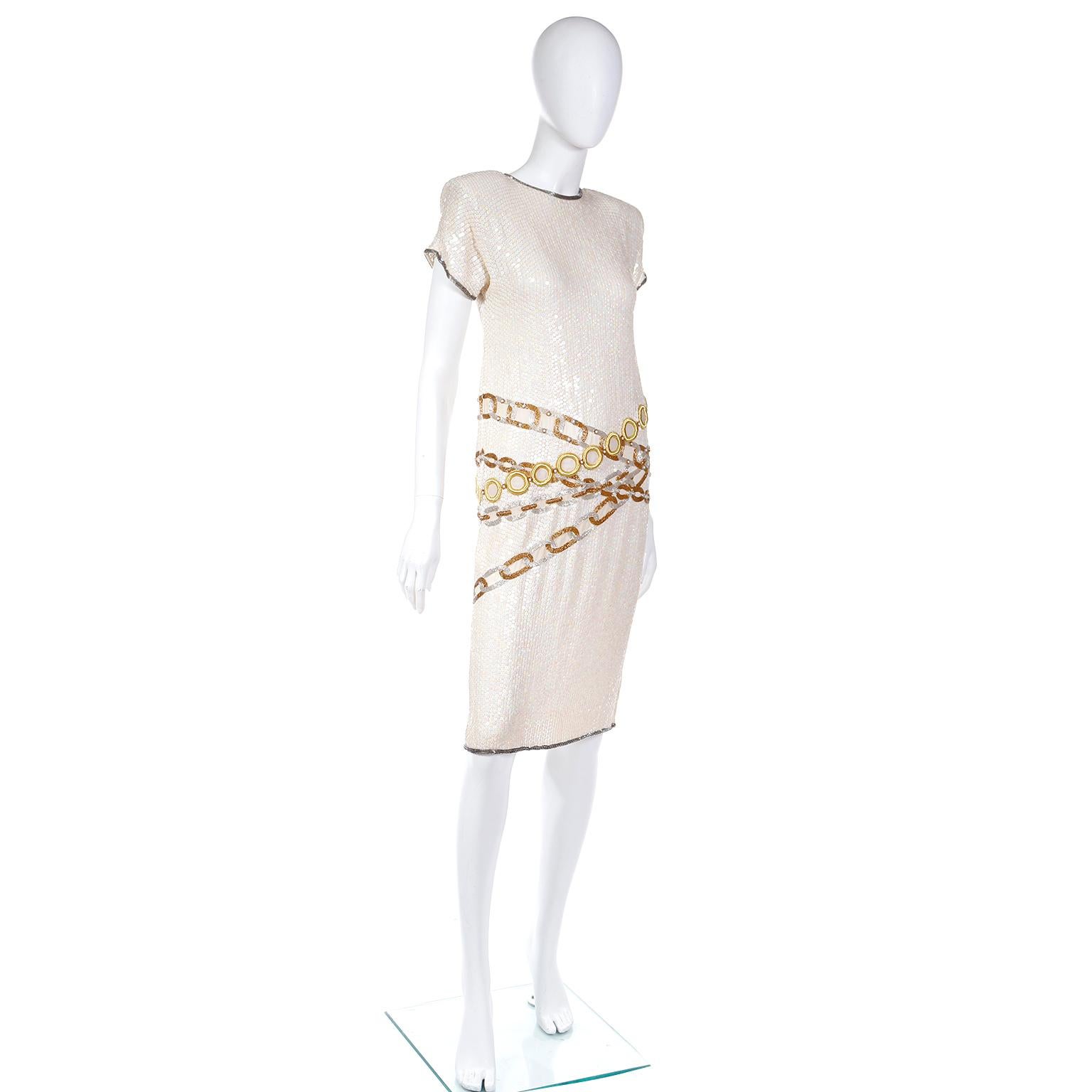 Women's Lillie Rubin Vintage Sequin Silk Dress W Faux Gold Copper & Silver Chain Detail