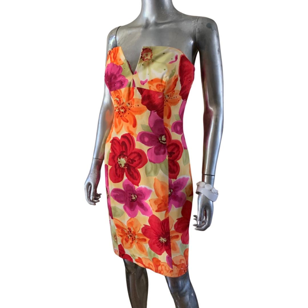 Lillie Rubin Vintage trägerloses Aquarell-Blumenkleid mit perlenbesetztem Mieder, Größe 6 (Braun) im Angebot