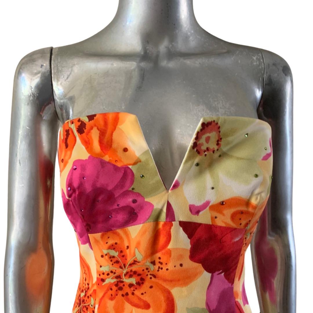 Brown Lillie Rubin Vintage Strapless Watercolor Floral Dress w/ Beaded Bodice, Size 6 For Sale