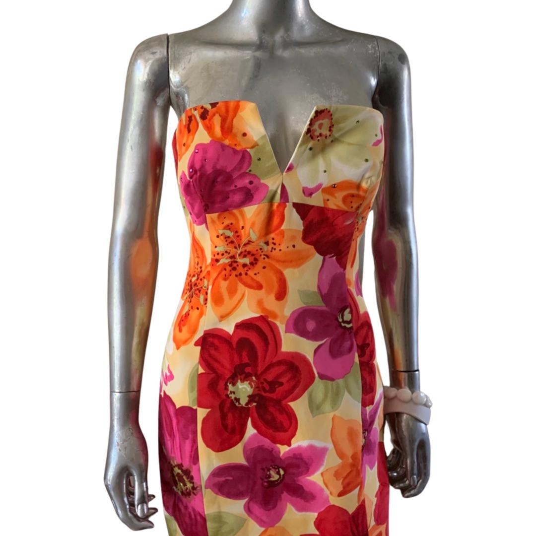 Lillie Rubin Vintage Strapless Watercolor Floral Dress w/ Beaded Bodice, Size 6 In Good Condition For Sale In Palm Springs, CA
