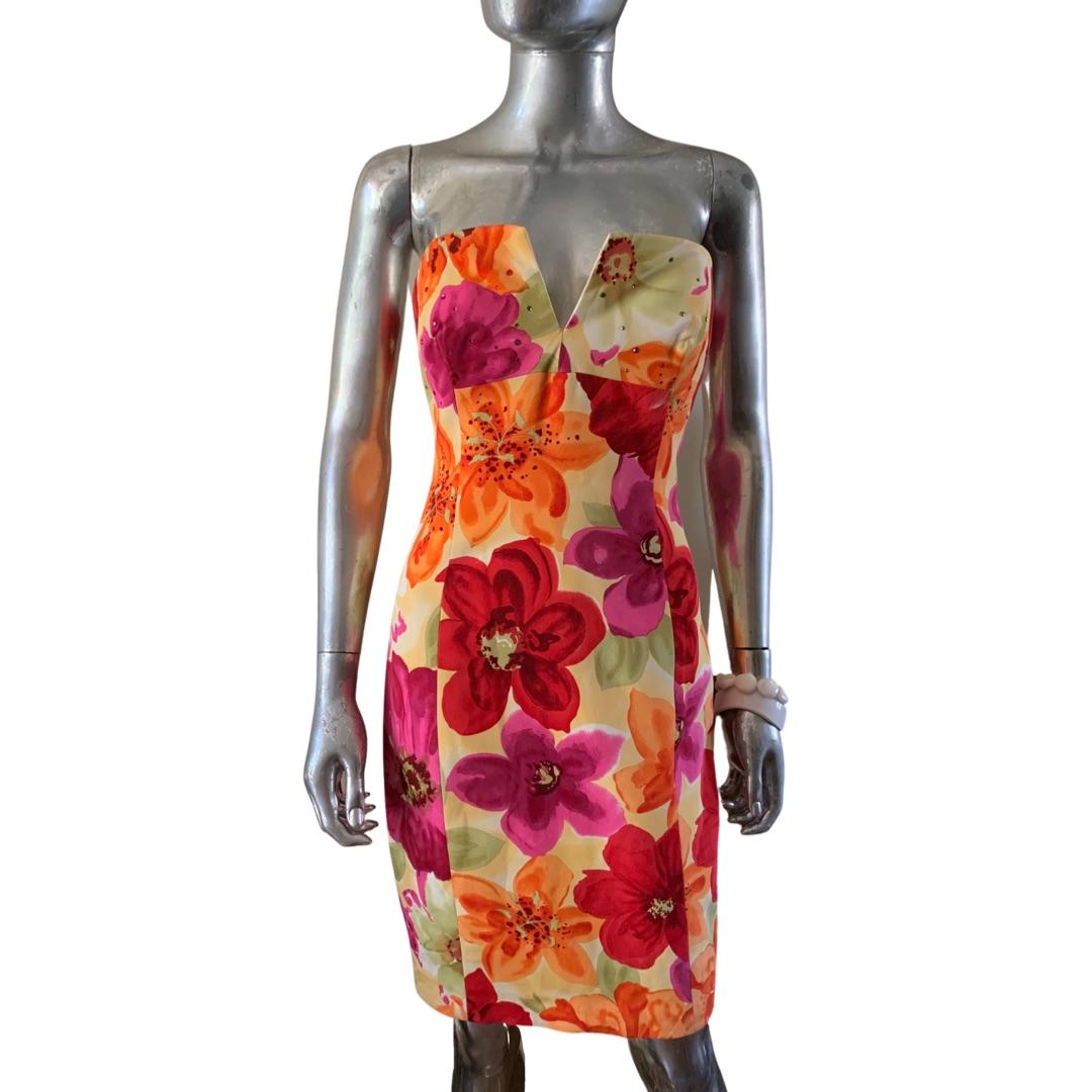 Women's Lillie Rubin Vintage Strapless Watercolor Floral Dress w/ Beaded Bodice, Size 6 For Sale