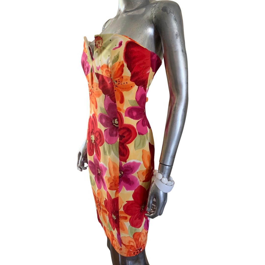 Lillie Rubin Vintage Strapless Watercolor Floral Dress w/ Beaded Bodice, Size 6 For Sale 1