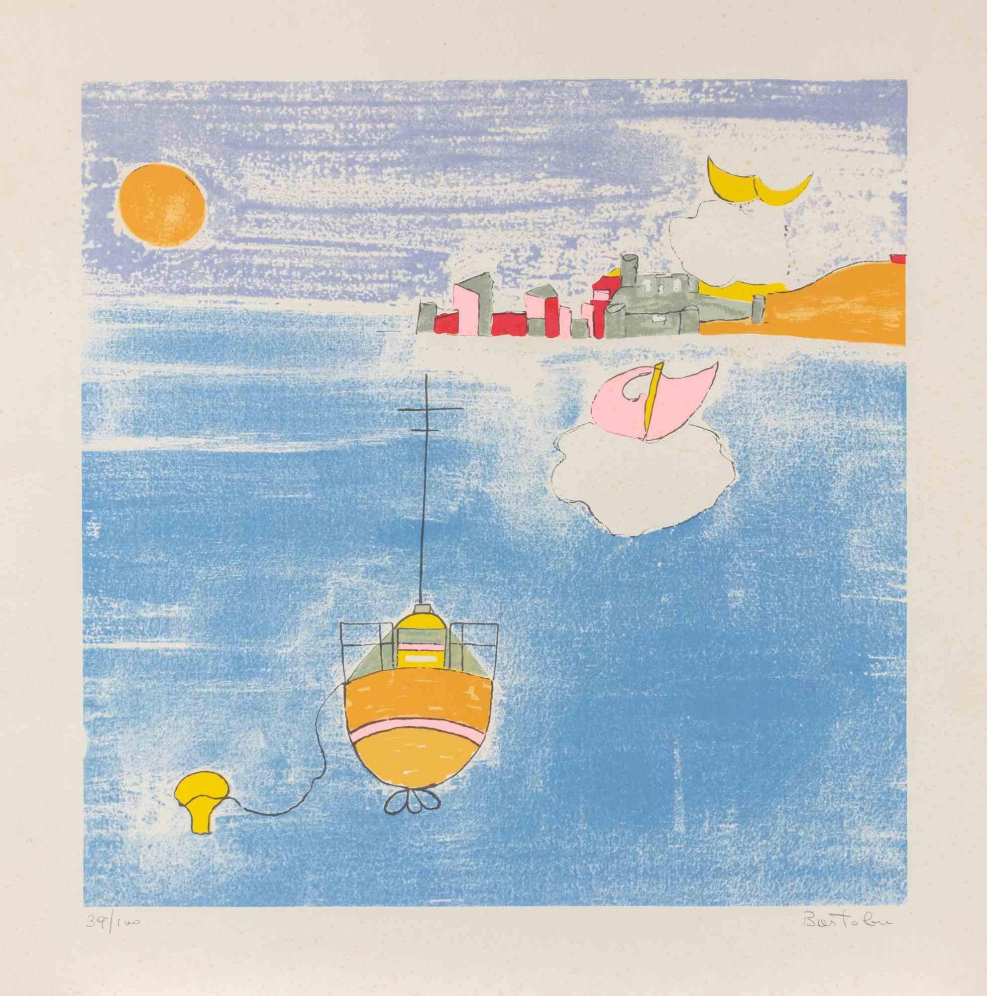 Lithograph on wove paper.

Edition of 100.

Hand signed and numbered.

This whimsical lithograph by Lillo Bartoloni captures the poetic and dreamlike quality that defines his art. A fantastical vessel drifts upon a field of brilliant blue, tethered