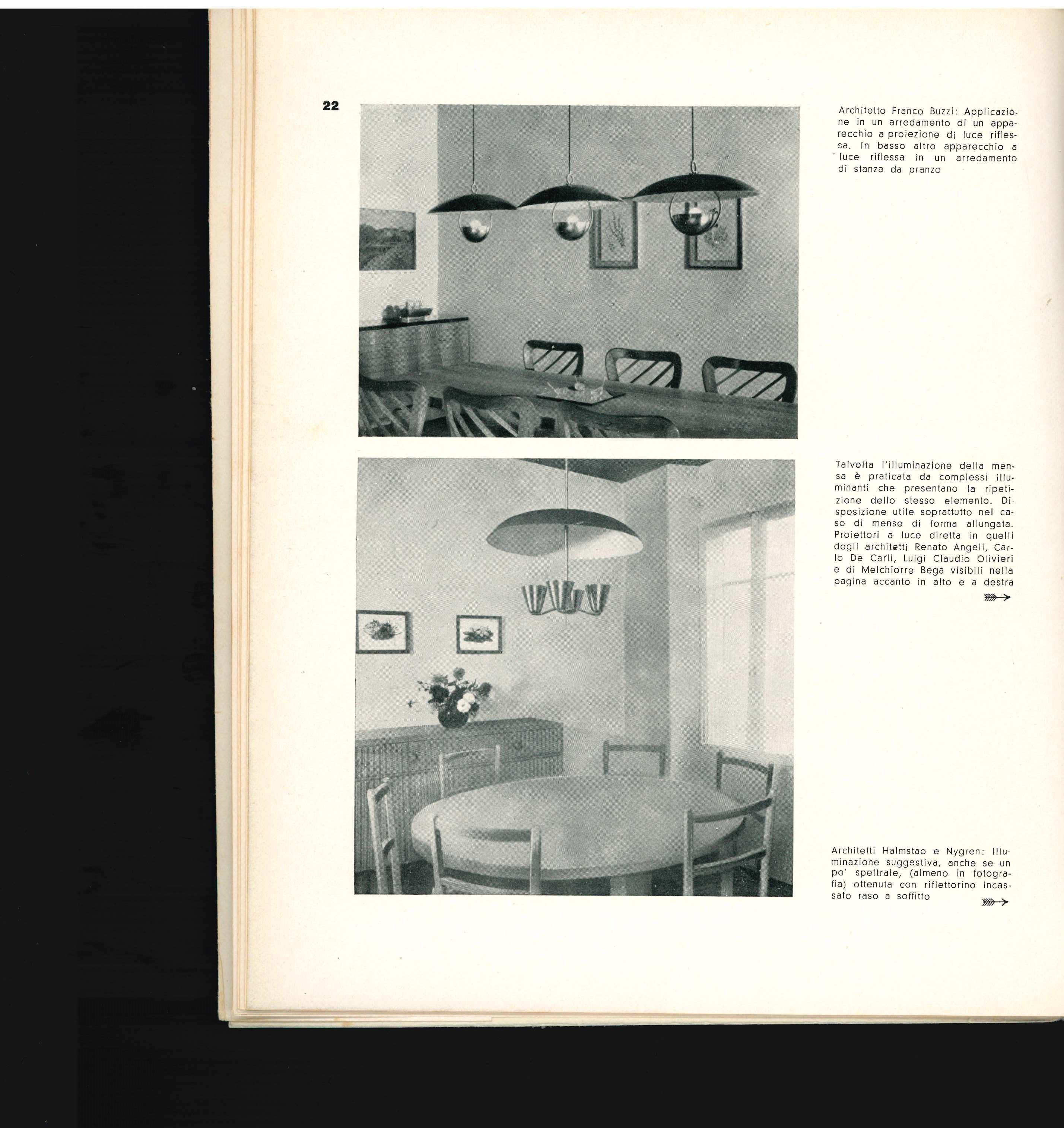 A rare book from 1946 which illustrates mainly Italian domestic lighting. 95 pages, 19 of which is text in Italian - the remainder being black and white photographs and illustrations.Featuring designs by - Franco Albini, Franco Buzzi, Castiglioni,