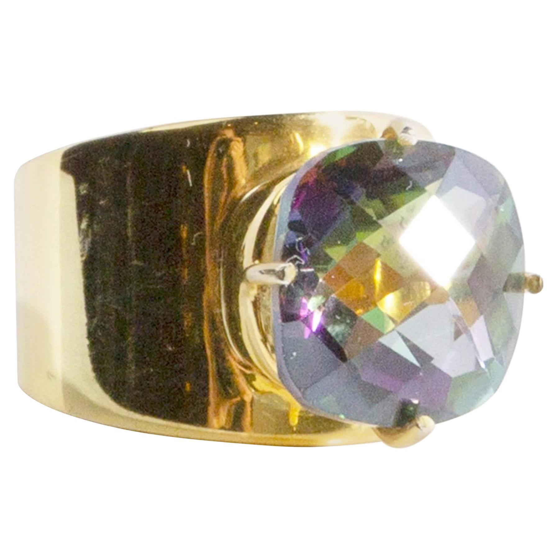 For Sale:  Lilly Band Ring in 18k Gold Pronged Mystic Topaz Cushion Gemstone