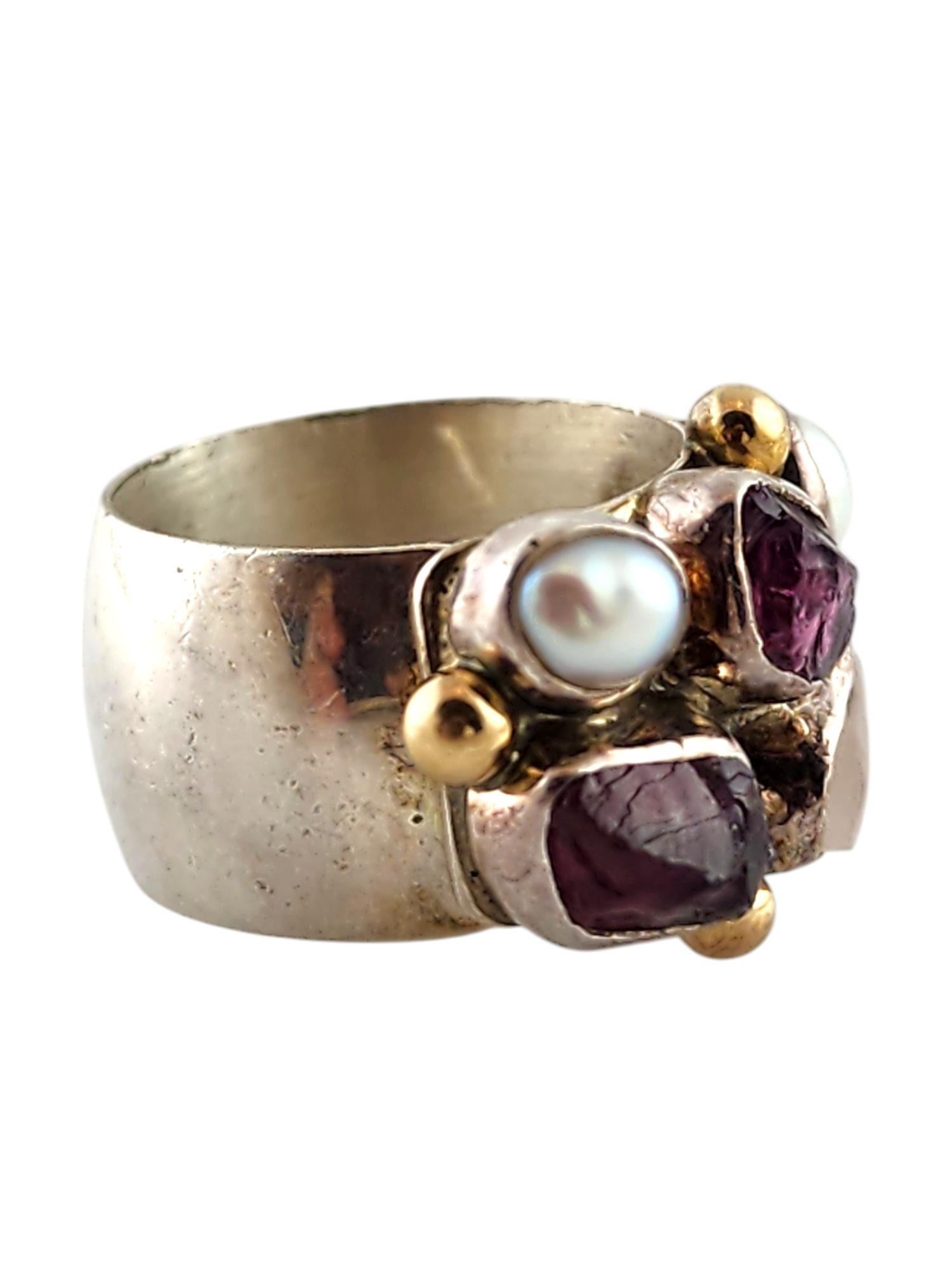 Lilly Barrack 14K Yellow Gold Sterling Silver Ring with Purple & White Stones In Good Condition For Sale In Washington Depot, CT