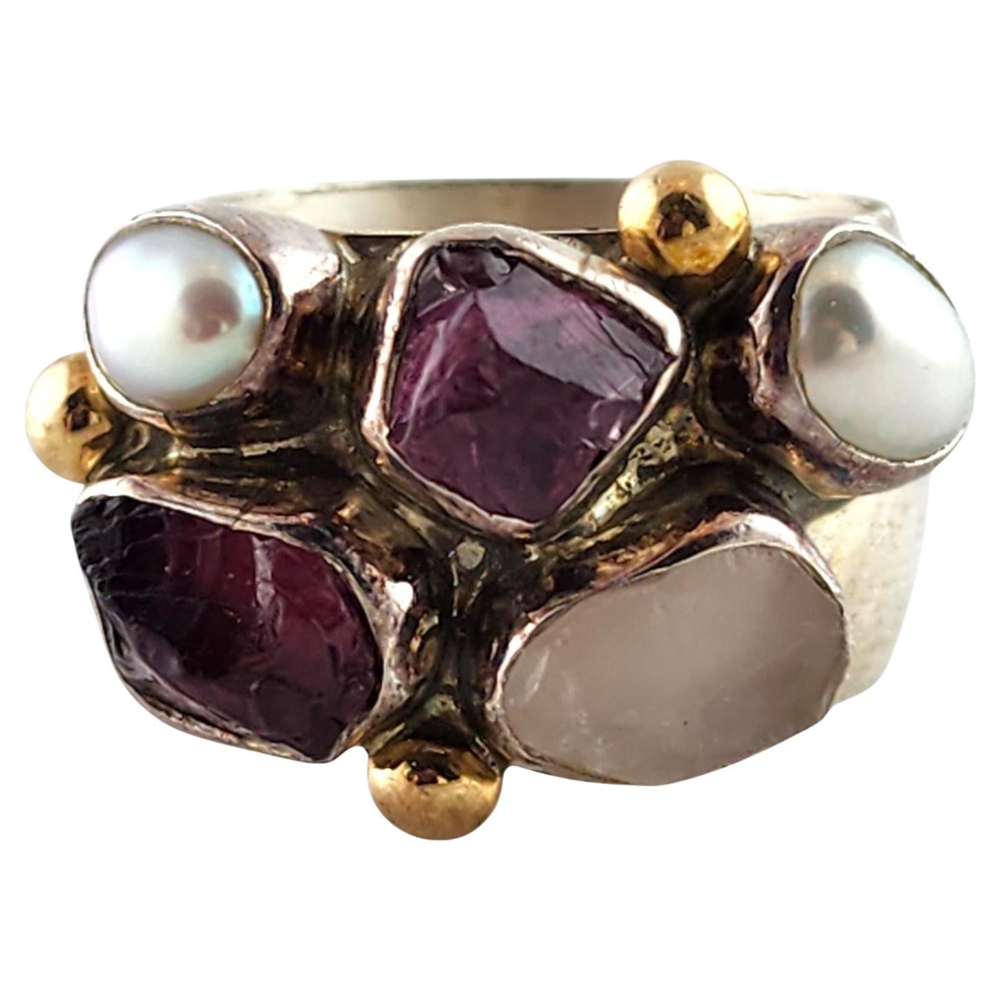Lilly Barrack 14K Yellow Gold Sterling Silver Ring with Purple & White Stones