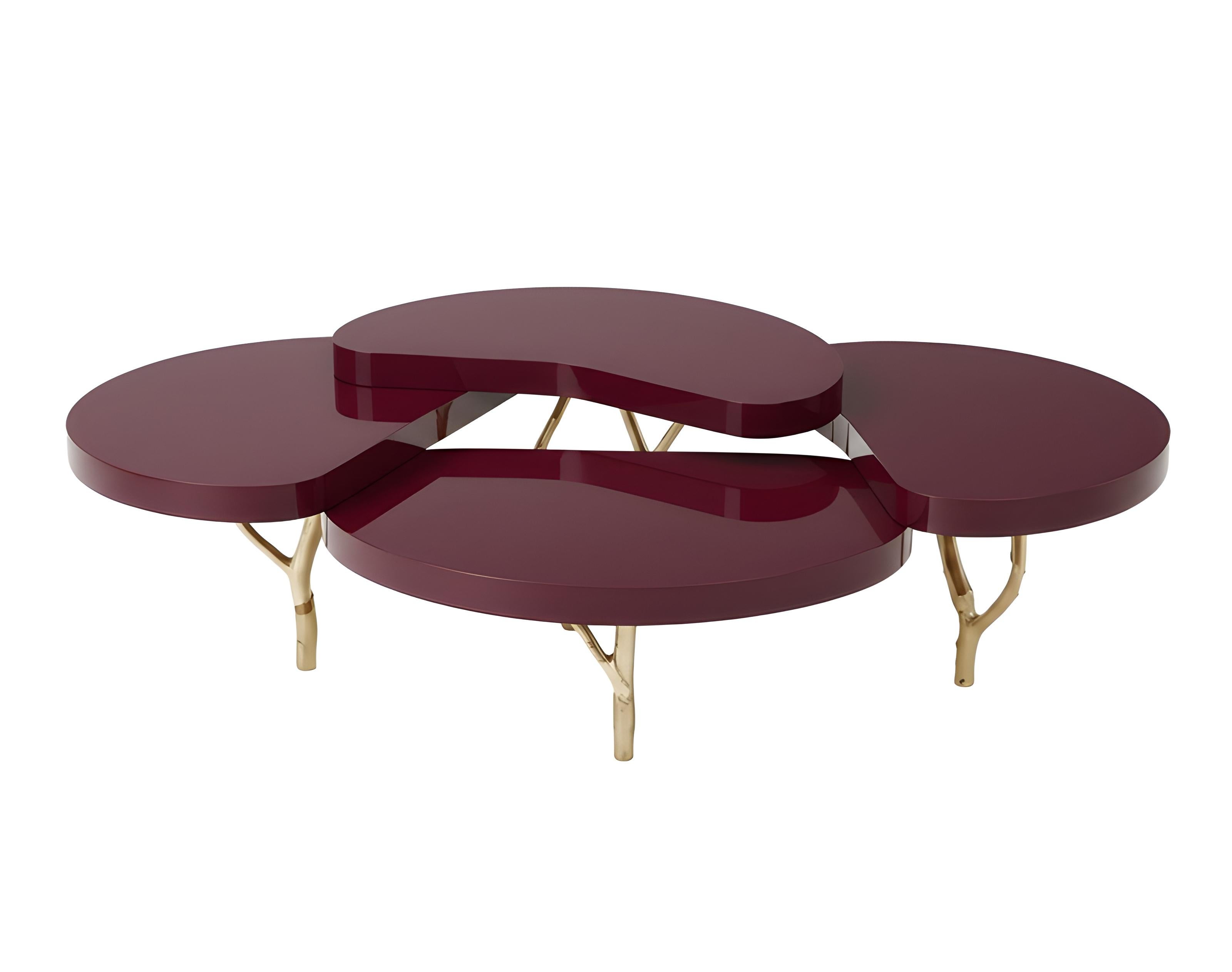 Modern Lilly Coffee Table, Organic Cast Brass Legs & Cascading Glossy Lacquered Tops For Sale