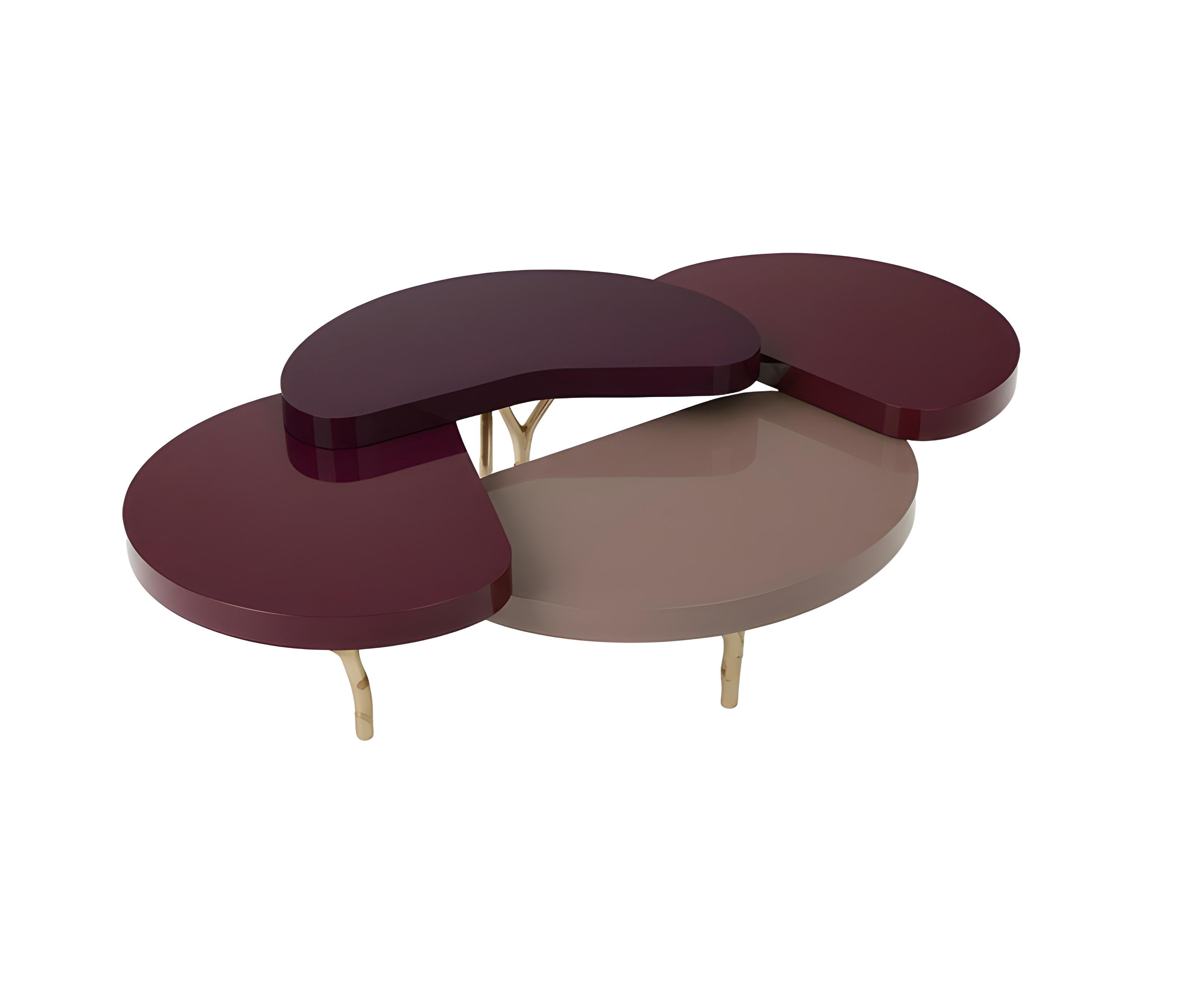 Portuguese Lilly Coffee Table, Organic Cast Brass Legs & Cascading Glossy Lacquered Tops For Sale
