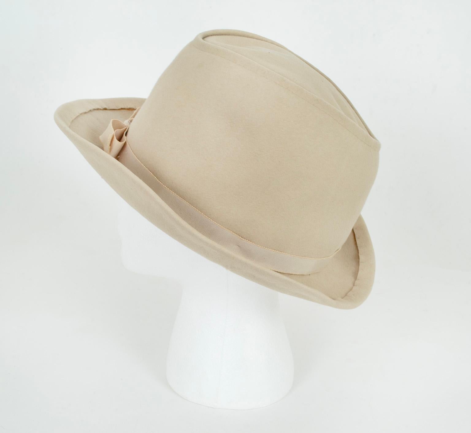 Women's Lilly Daché Halston-Designed Beige Soft Fedora Spy Hat w Ribbon Band – S, 1960s For Sale