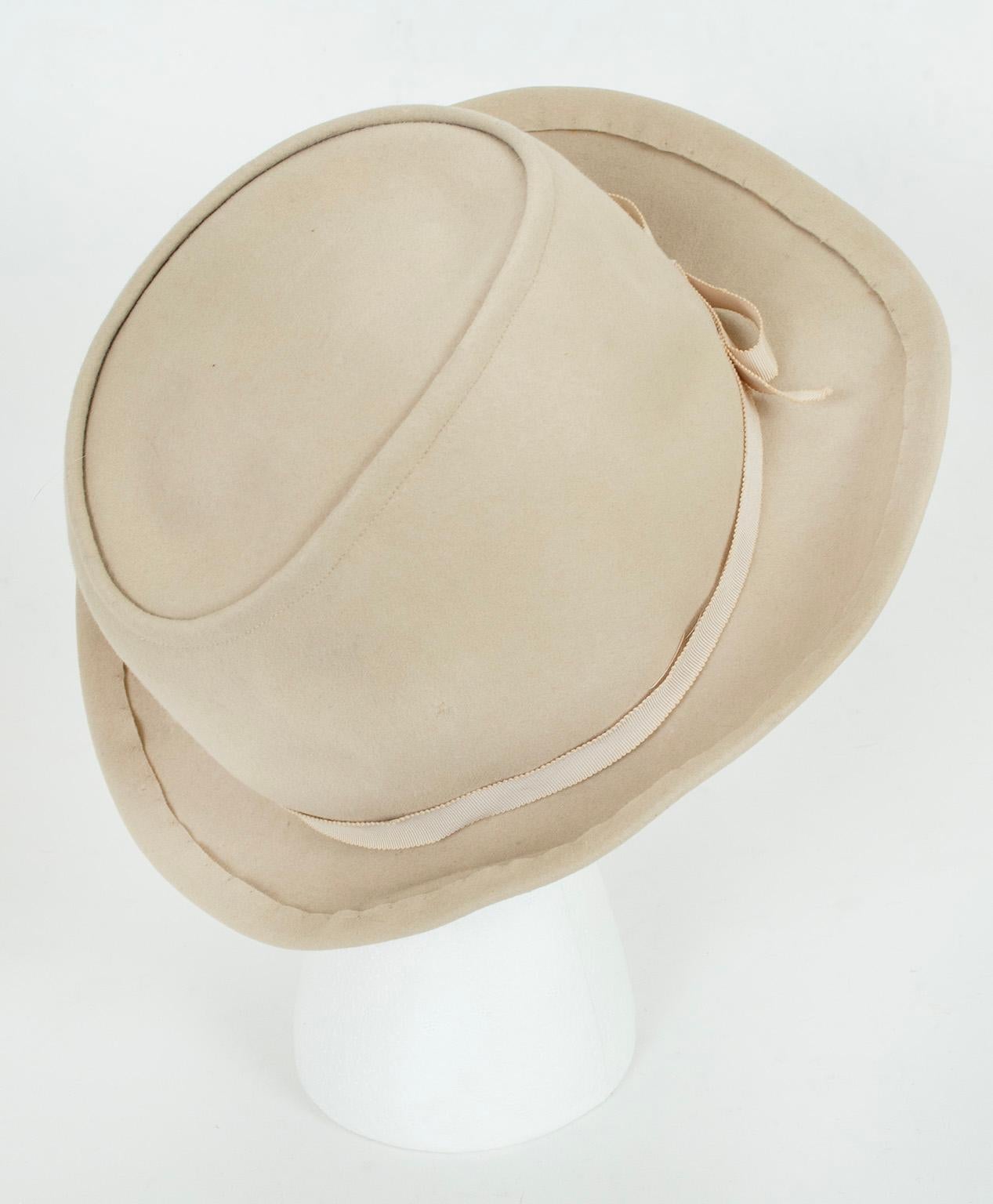 Lilly Daché Halston-Designed Beige Soft Fedora Spy Hat w Ribbon Band – S, 1960s For Sale 1
