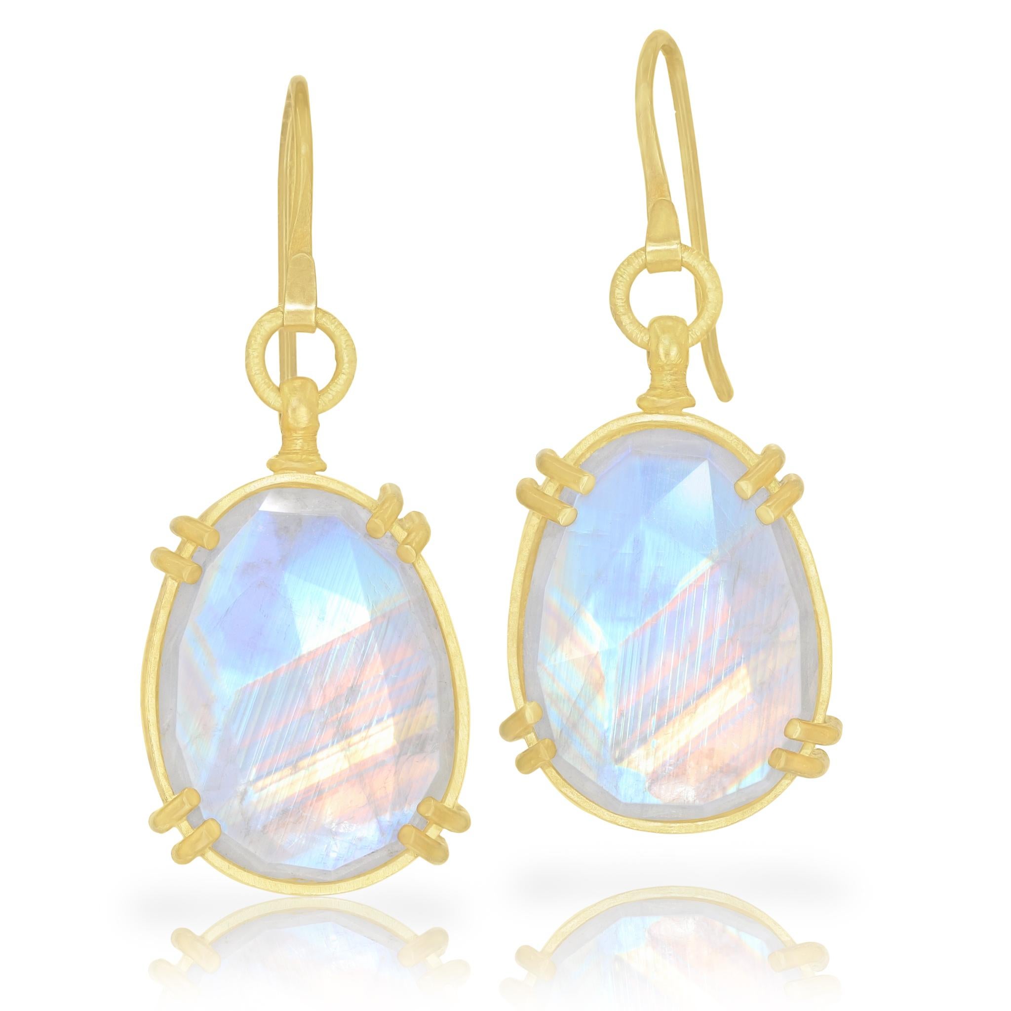 One of a Kind Earrings hand-fabricated by master jewelry maker Lilly Fitzgerald featuring an exceptional quality, very rare pair of faceted rose-cut rainbow moonstones totaling 16.5 carats, lit dramatically with rainbow adularesence in a striated