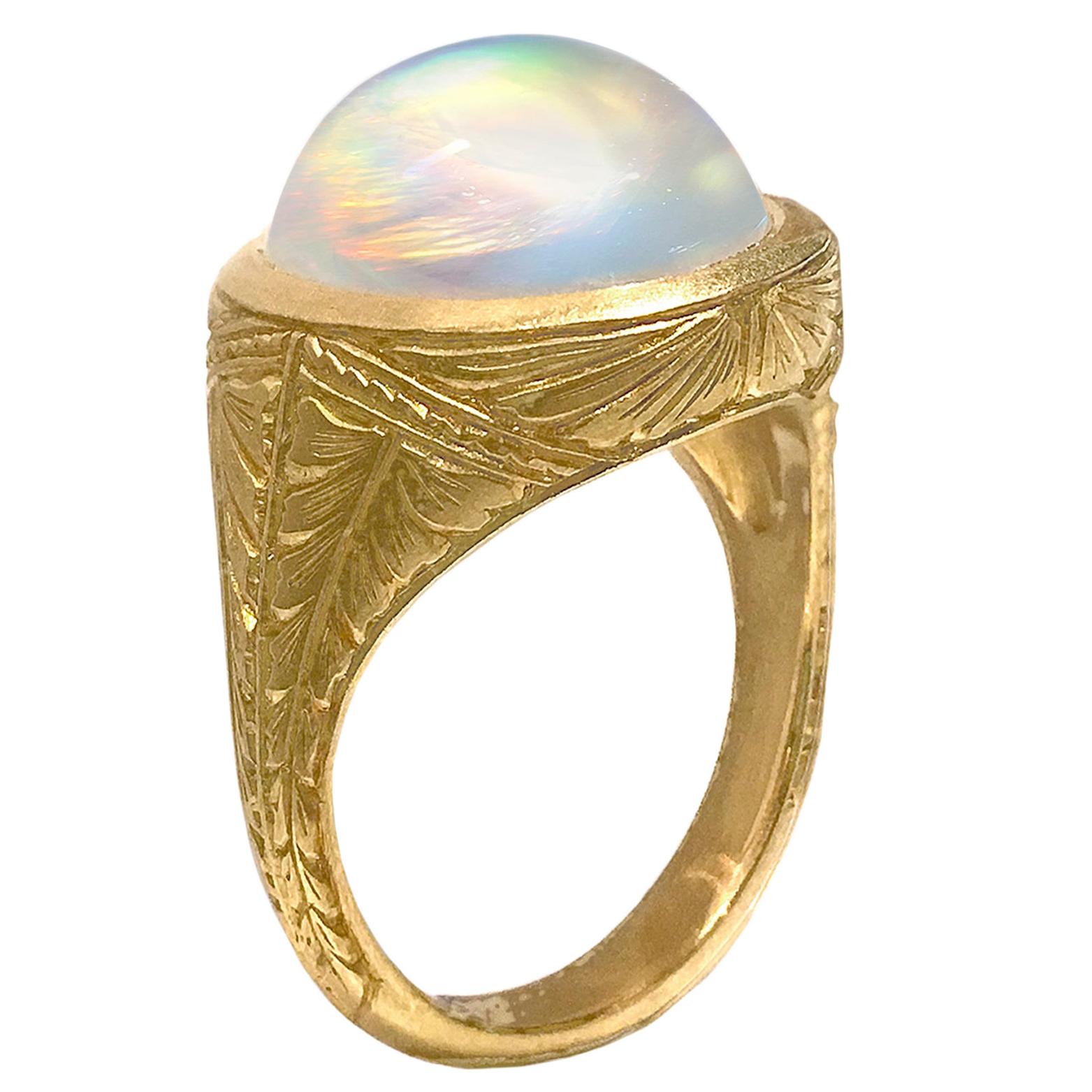 Lilly Fitzgerald Extraordinary Oval Rainbow Moonstone Carved Gold Relic Ring