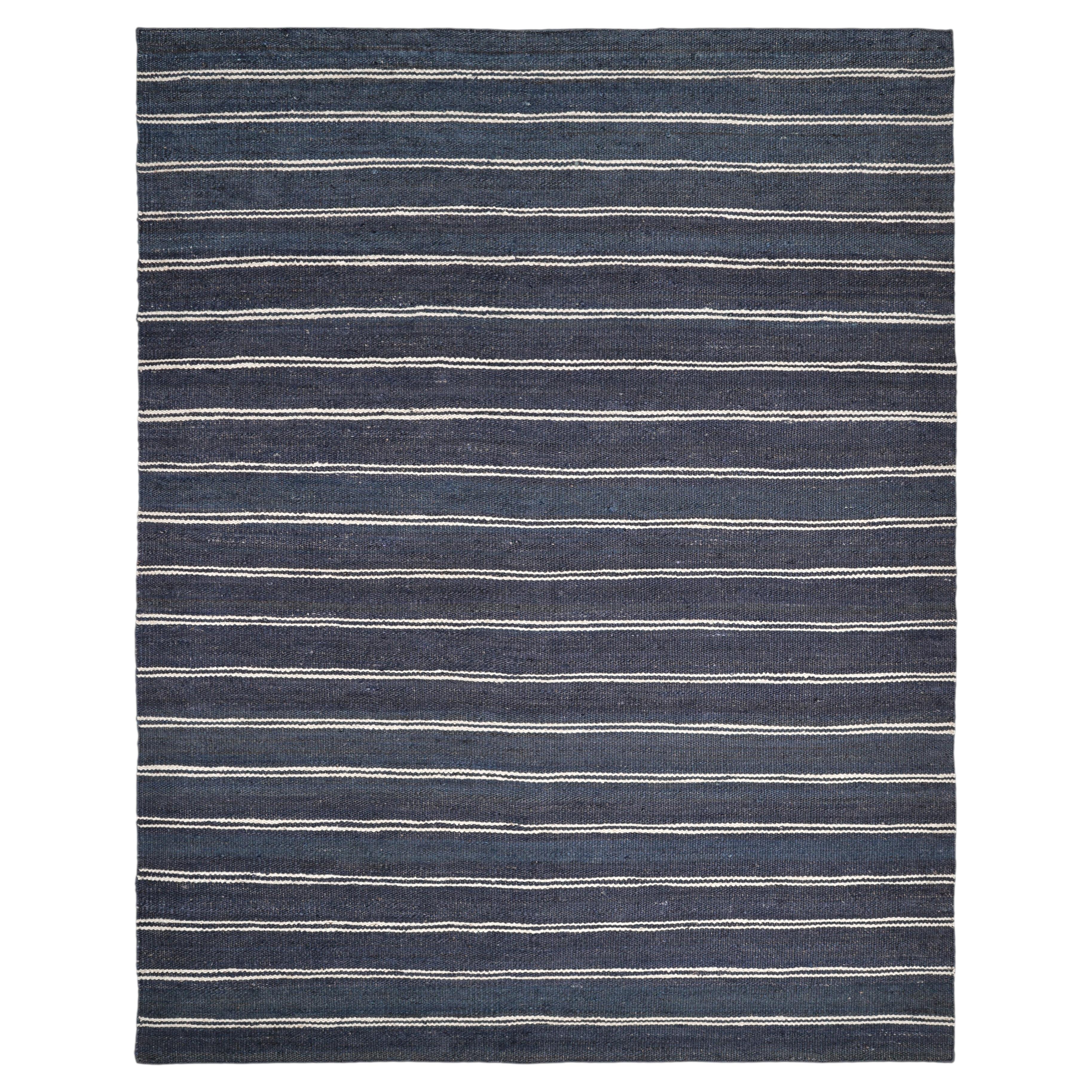 Lilly Hand Woven Contemporary Striped Jute Cotton 8' 0" x 10' 0" Blue Area Rug