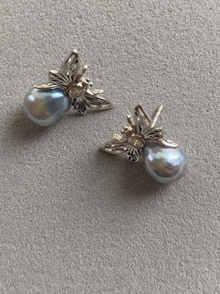 Contemporary Lilly Hastedt Akoya Pearl, Diamond Mini Insect Stud Earrings