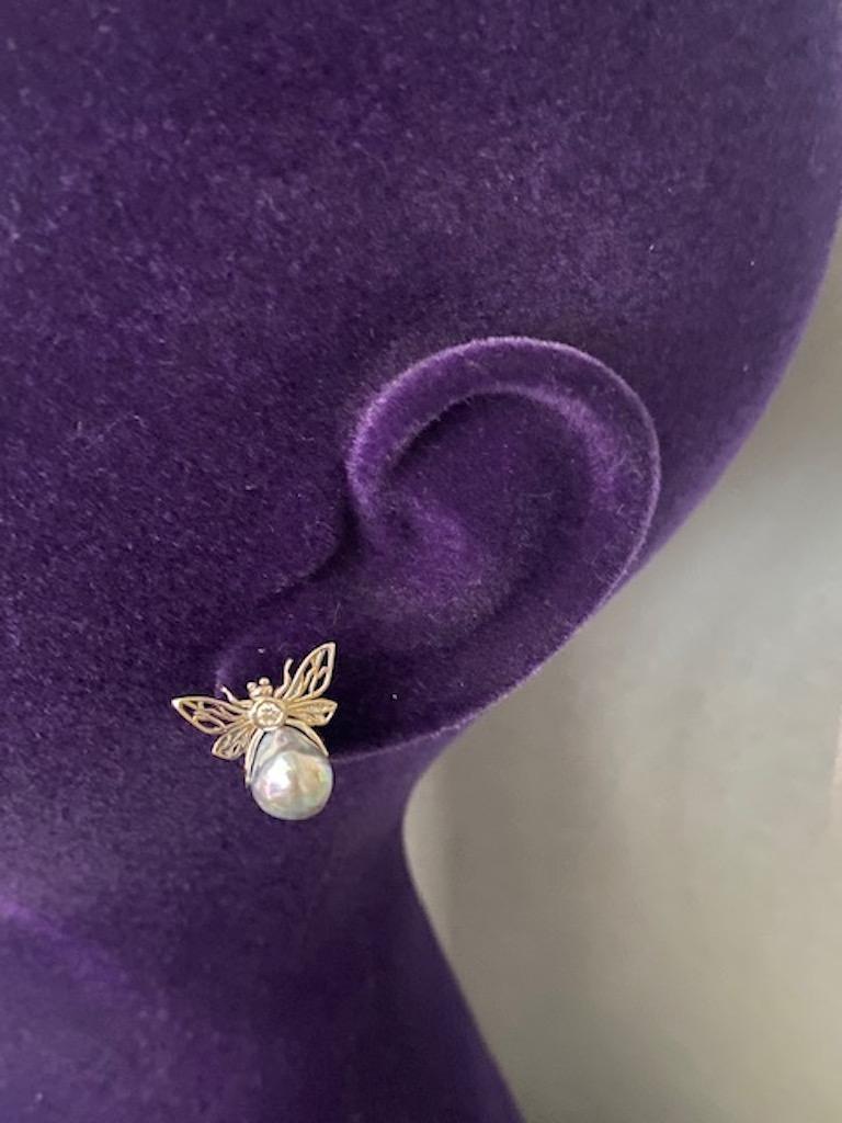 Round Cut Lilly Hastedt Akoya Pearl, Diamond Mini Insect Stud Earrings