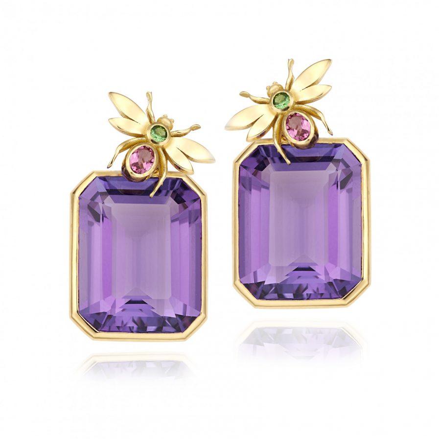 Contemporary Lilly Hastedt Amethyst Insect Cocktail Earrings For Sale