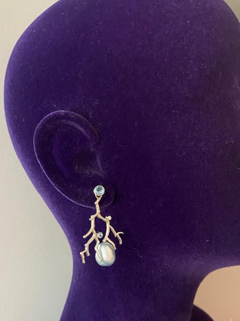 Contemporary Lilly Hastedt Aquamarine and South Sea Pearl Coral Twig Earrings For Sale