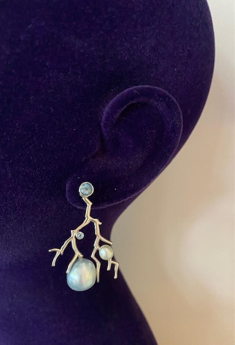 Round Cut Lilly Hastedt Aquamarine and South Sea Pearl Coral Twig Earrings For Sale