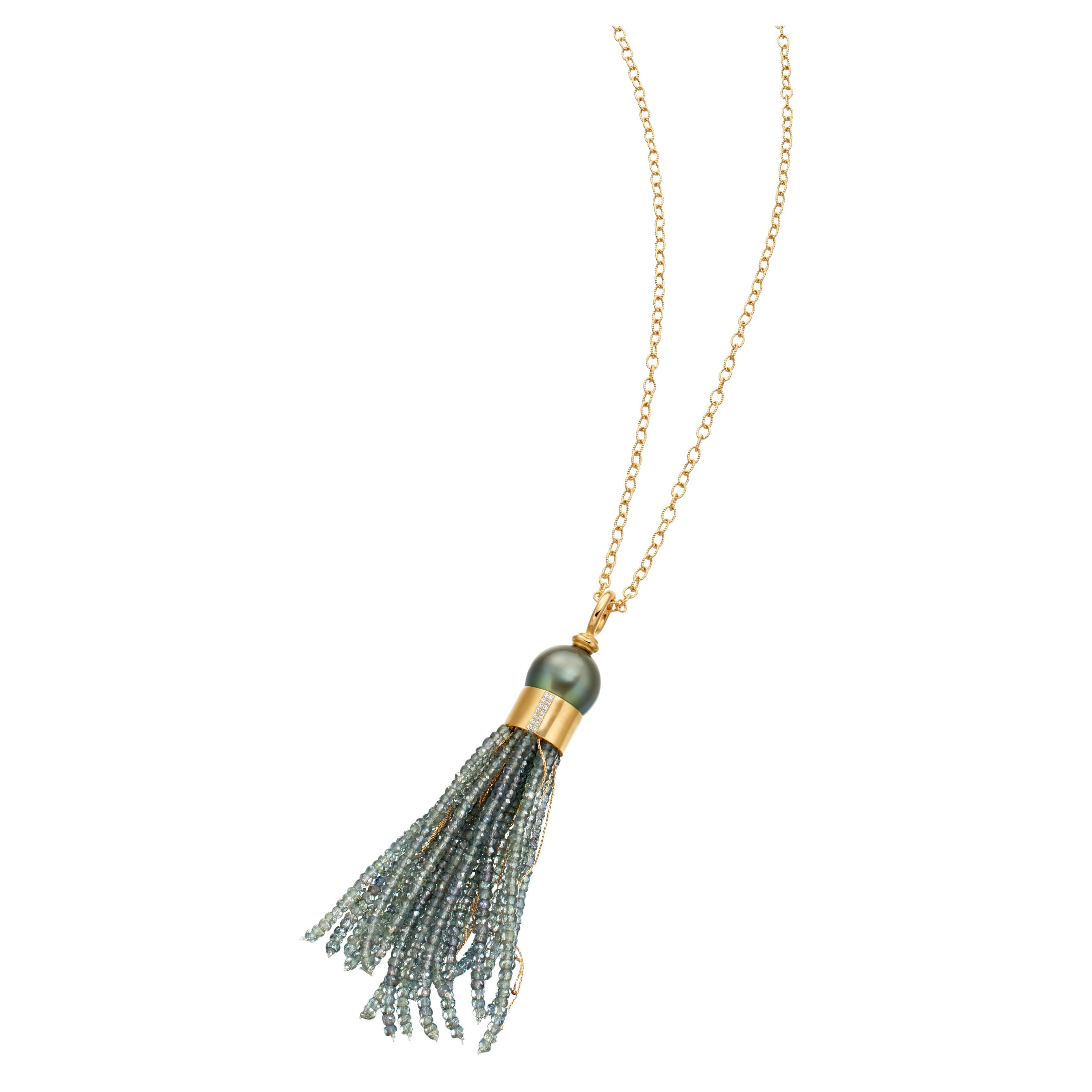Lilly Hastedt Black Pearl Diamond and Green Sapphire Beads Tassel Necklace For Sale