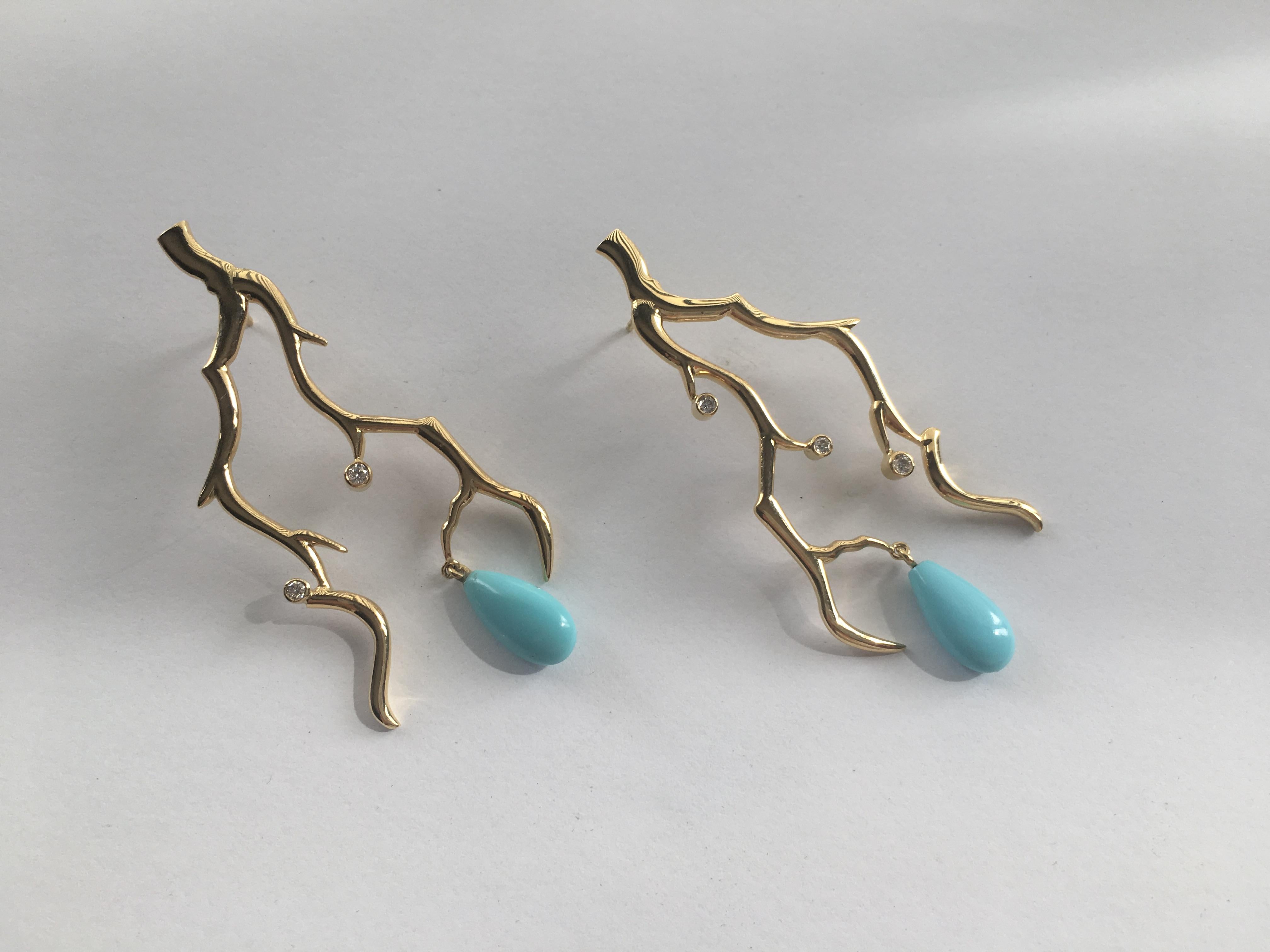 Contemporary Coral Branch Turquoise and Diamond Cocktail Earrings 18 Karat Gold For Sale