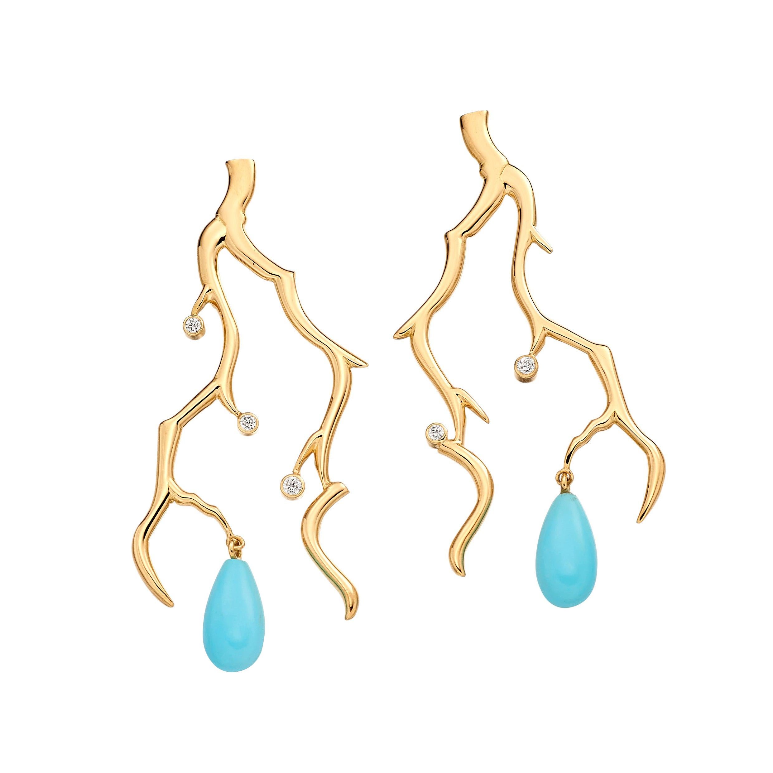 Coral Branch Turquoise and Diamond Cocktail Earrings 18 Karat Gold For Sale