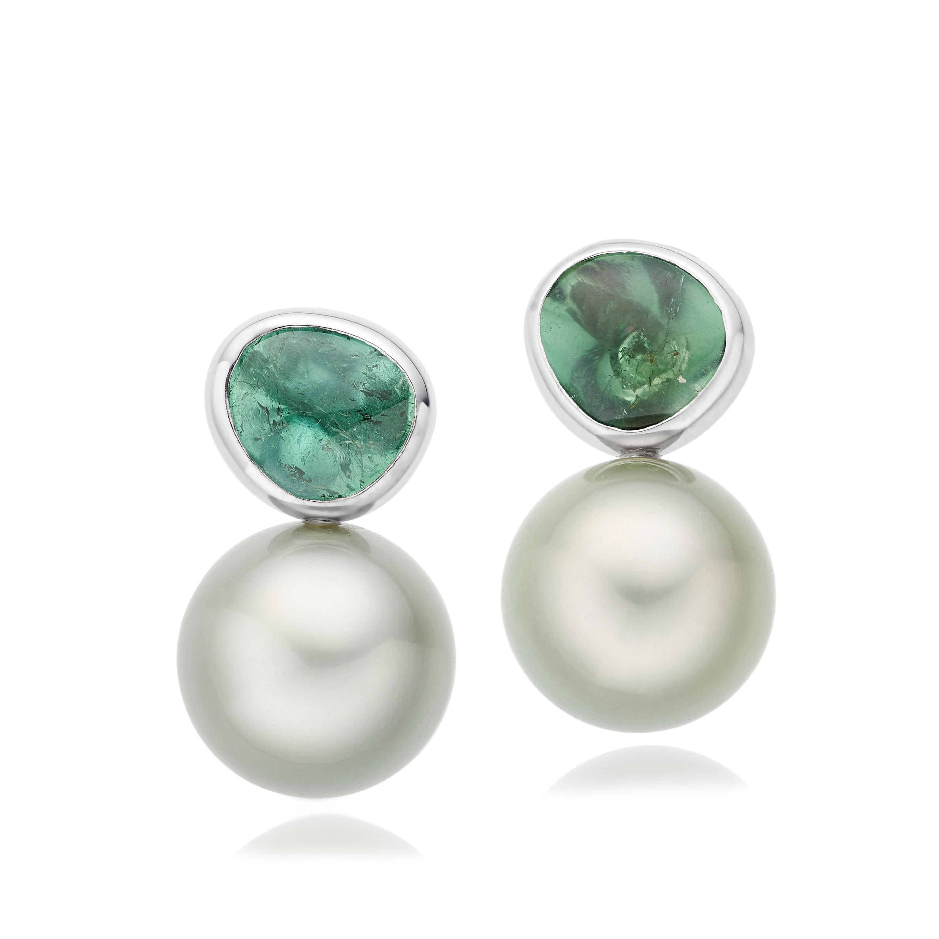 Mixed Cut Lilly Hastedt Green Tourmaline and Tahitian Pearl Earrings For Sale