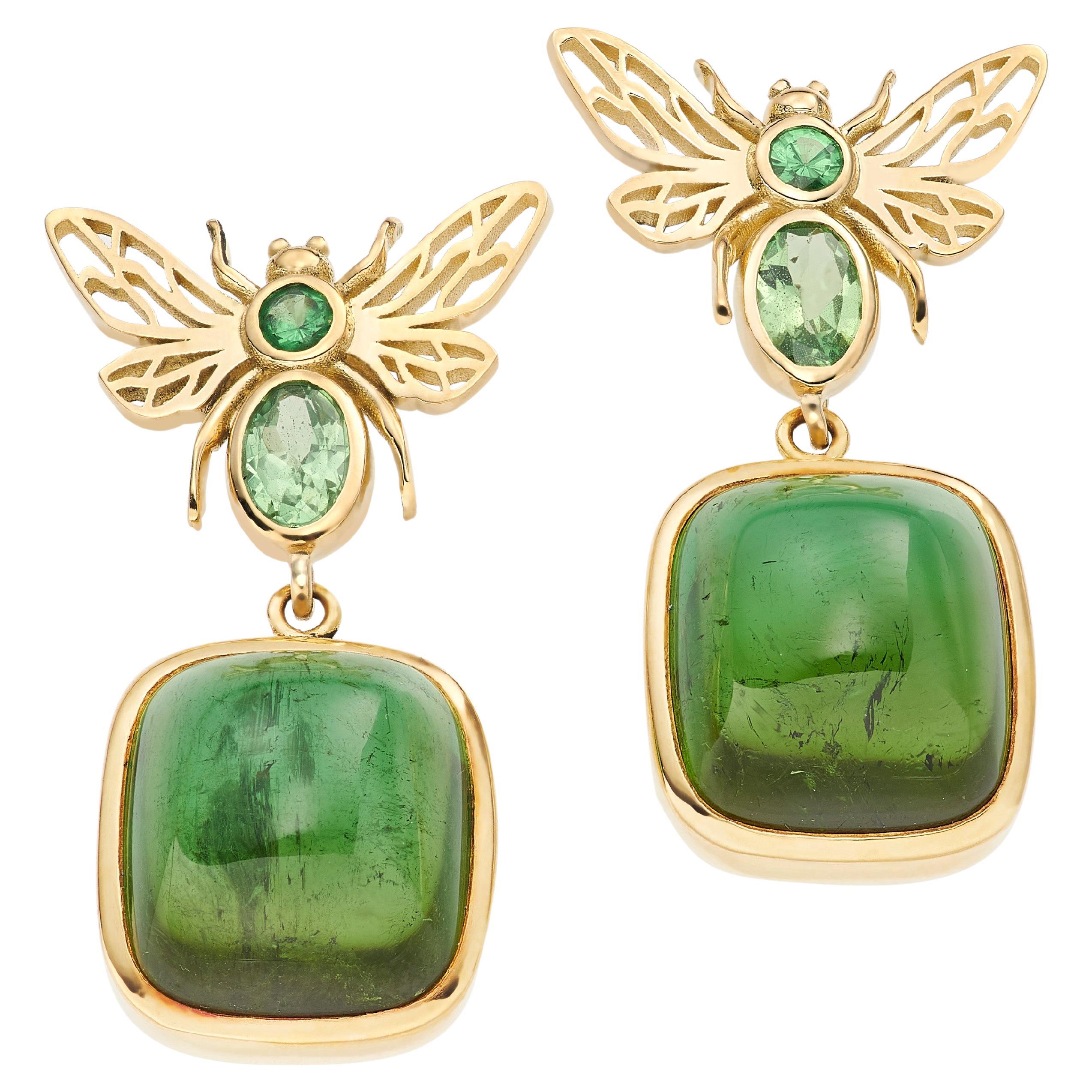 Lilly Hastedt Green Tourmaline Yellow Gold Bee Wing Statement Earrings For Sale