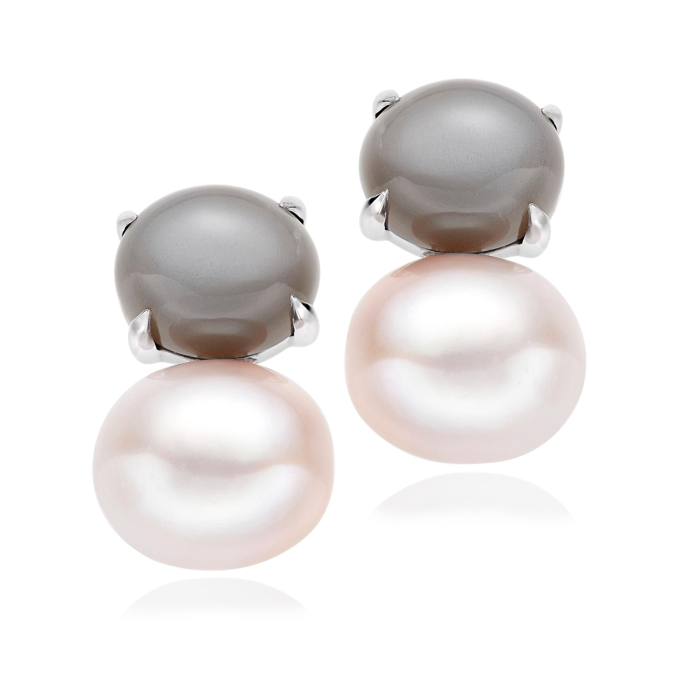 Cabochon Lilly Hastedt Grey Moonstone and Freshwater Pearl Earrings For Sale