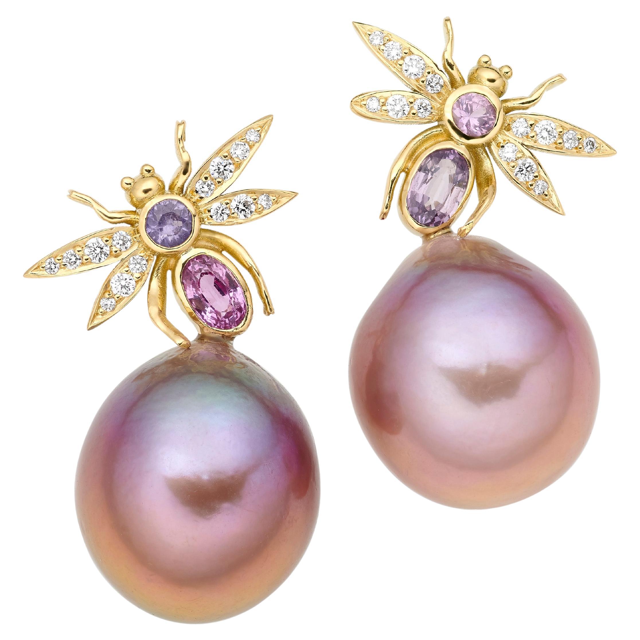 Lilly Hastedt Lavender Sapphire and Freshwater Pearl Bee Wing Earrings For Sale