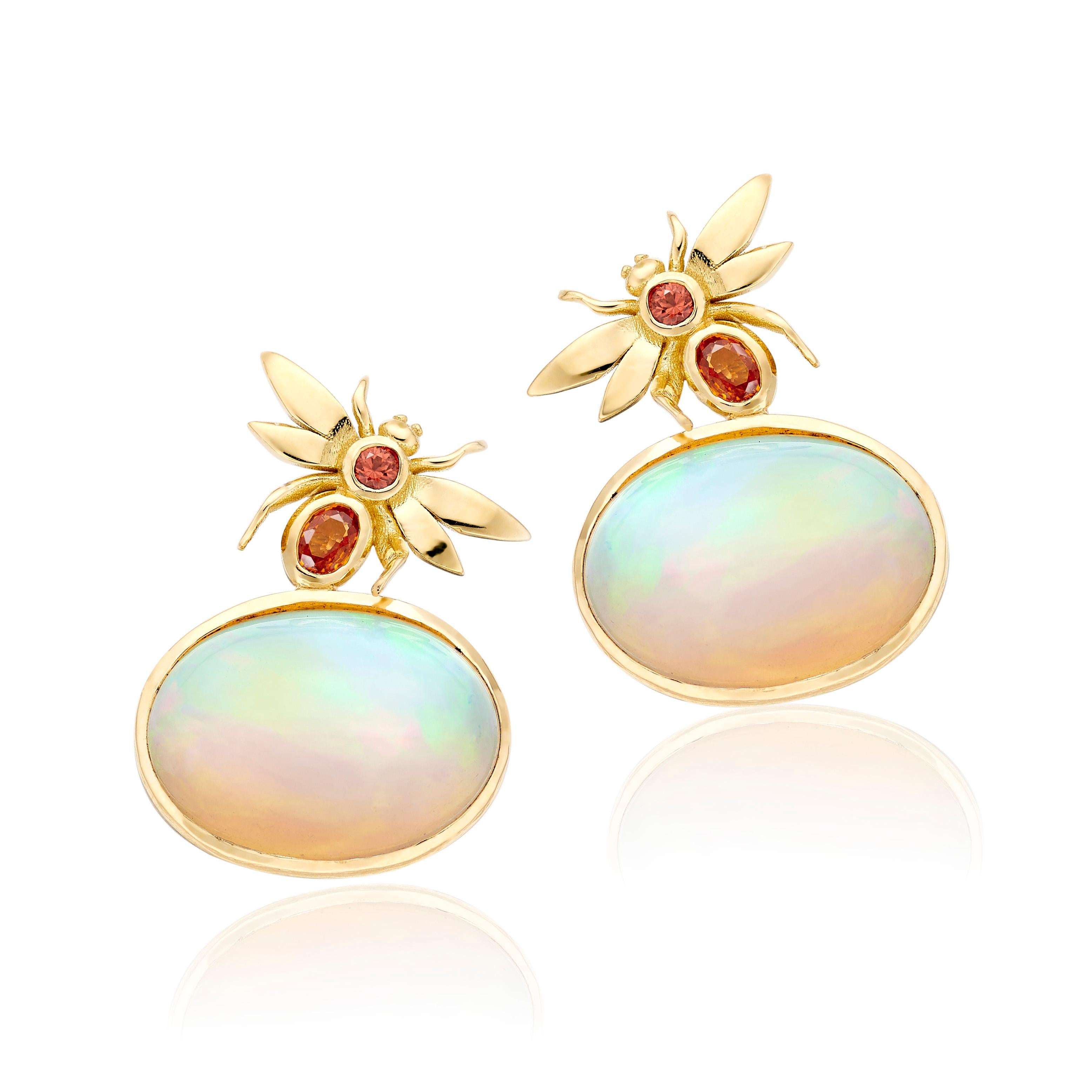 Cabochon Lilly Hastedt Mandarin Garnet and Opal Earrings For Sale