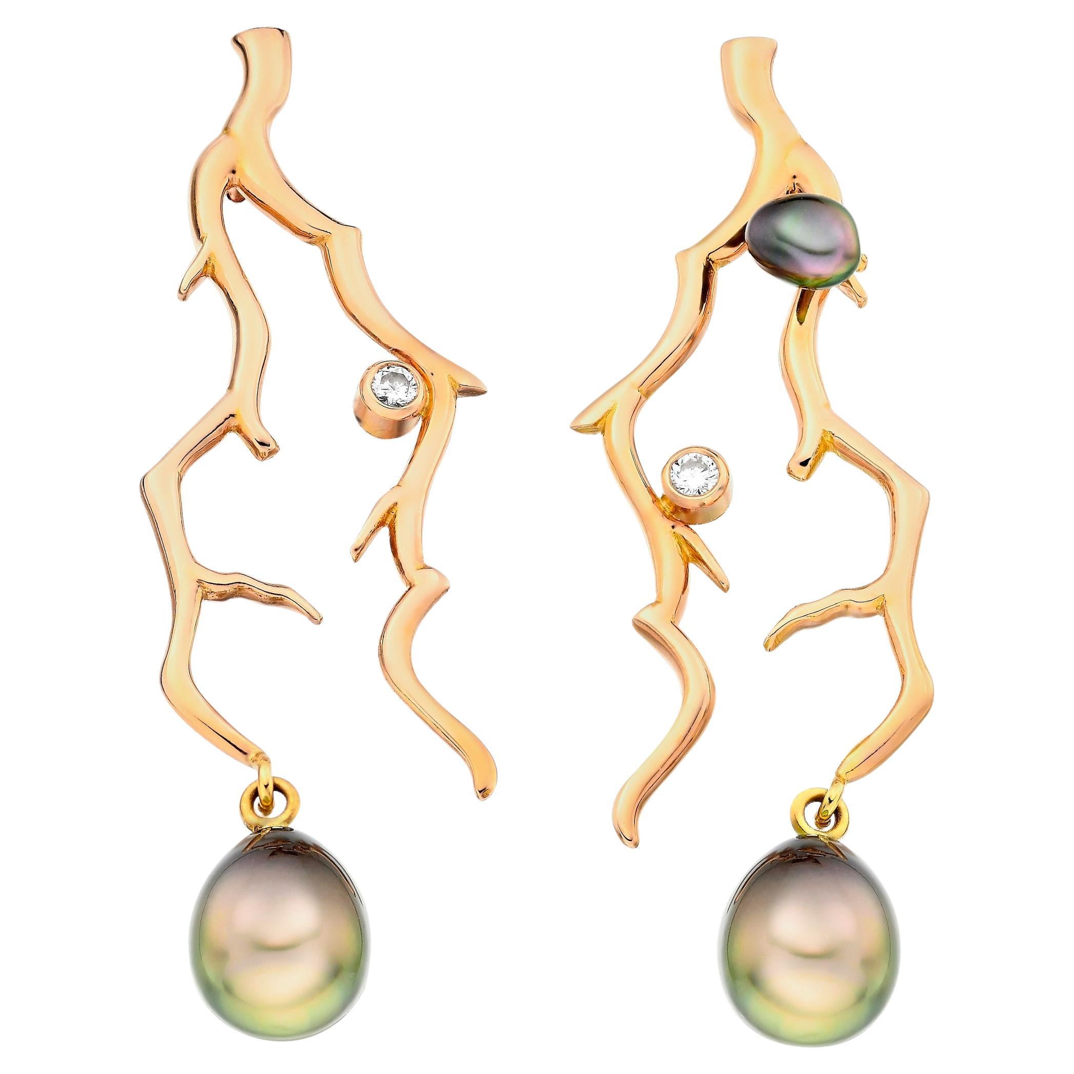 Lilly Hastedt Mirrors Tahitian Black Pearl Coral Twig Earrings For Sale