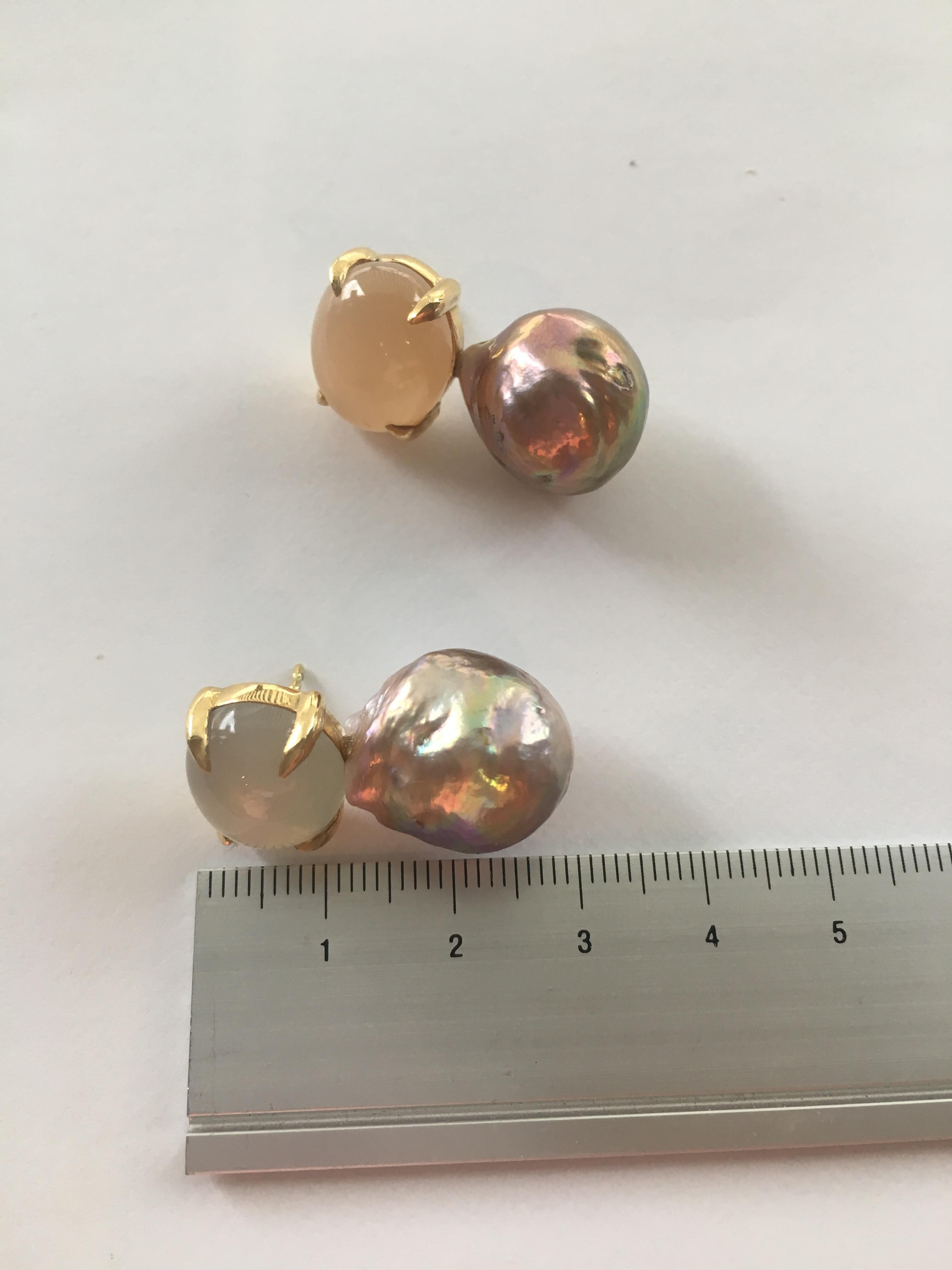 Women's Moonstone and Ming Freshwater Pearl Earrings 18 Karat Gold