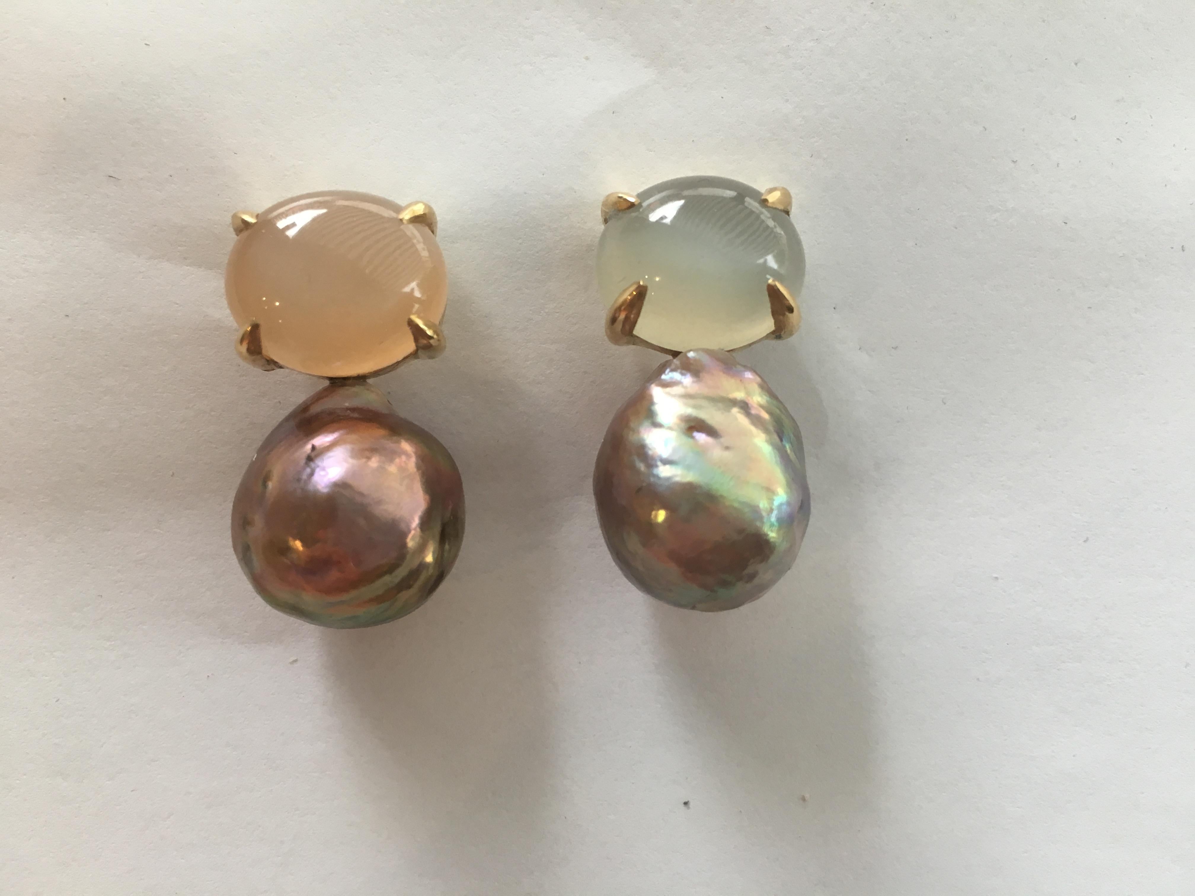 Moonstone and Ming Freshwater Pearl Earrings 18 Karat Gold 1